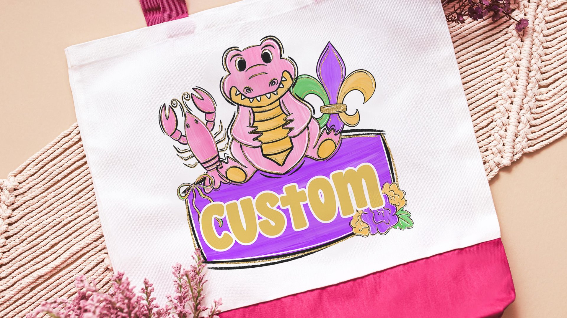 personalized Mardi Gras alligator tote bag for boys, Louisiana gator gifts for kids, carnival parade bag with name, king cake baker merch