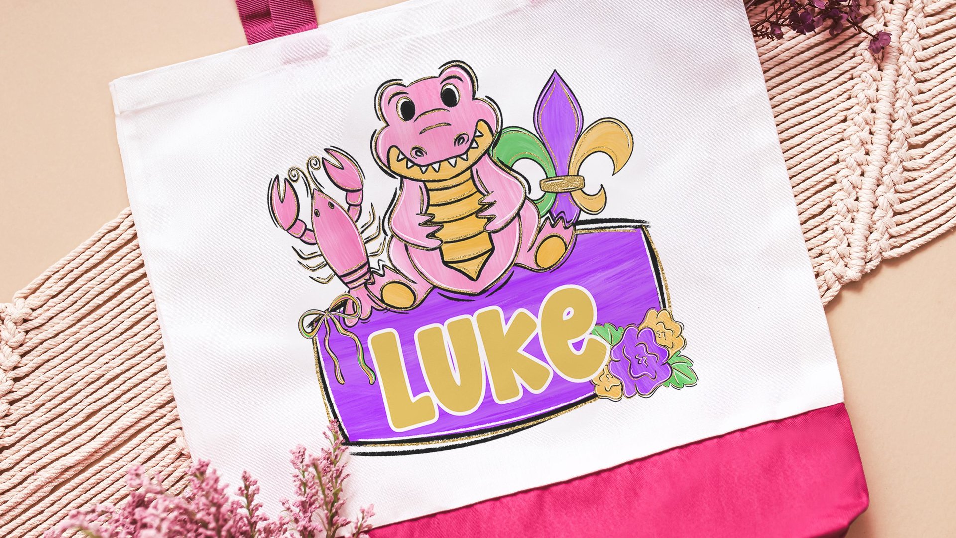 personalized Mardi Gras alligator tote bag for boys, Louisiana gator gifts for kids, carnival parade bag with name, king cake baker merch