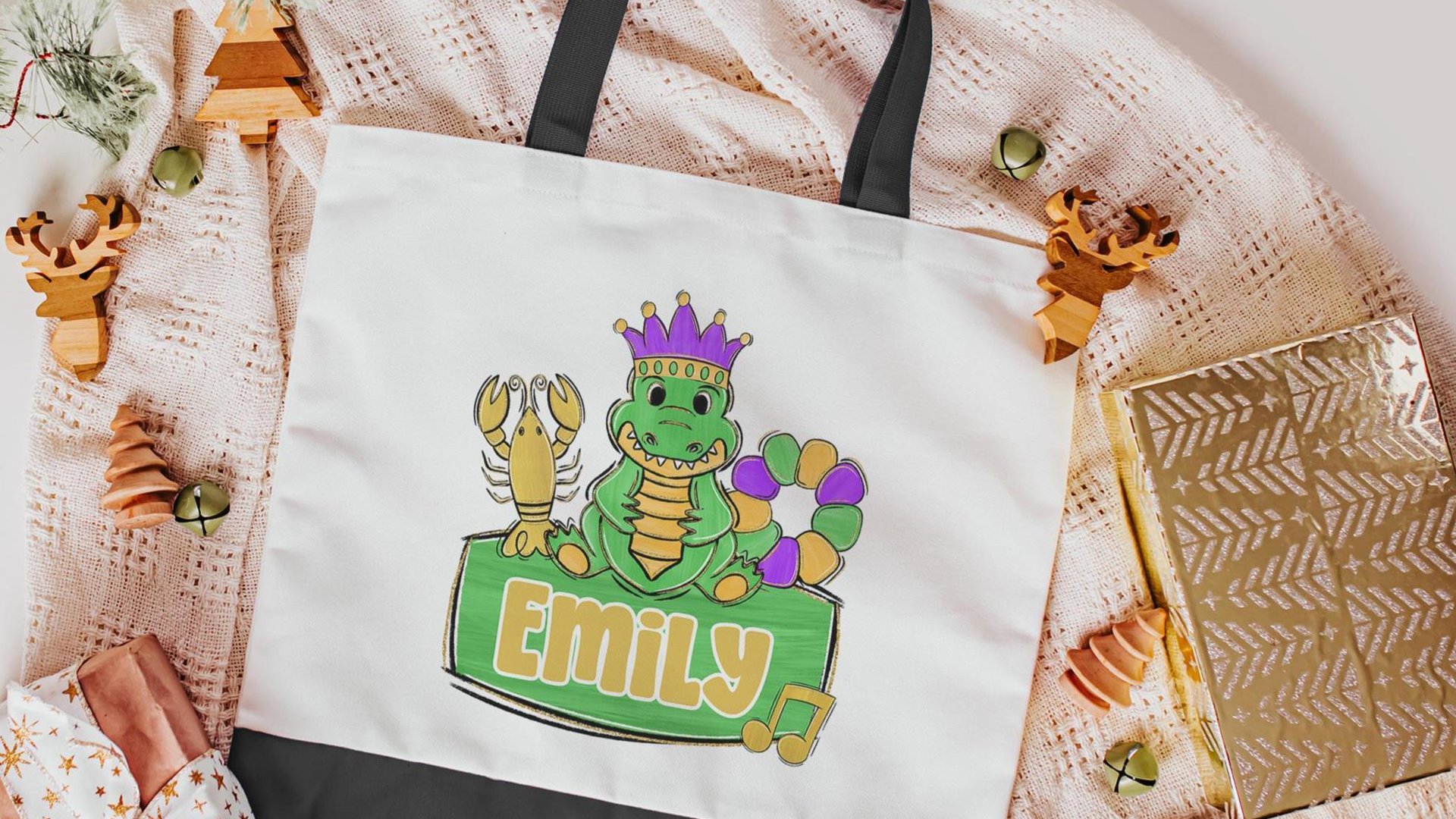 personalized Mardi Gras alligator tote bag for boys, Louisiana gator gifts for kids, carnival parade bag with name, king cake baker merch