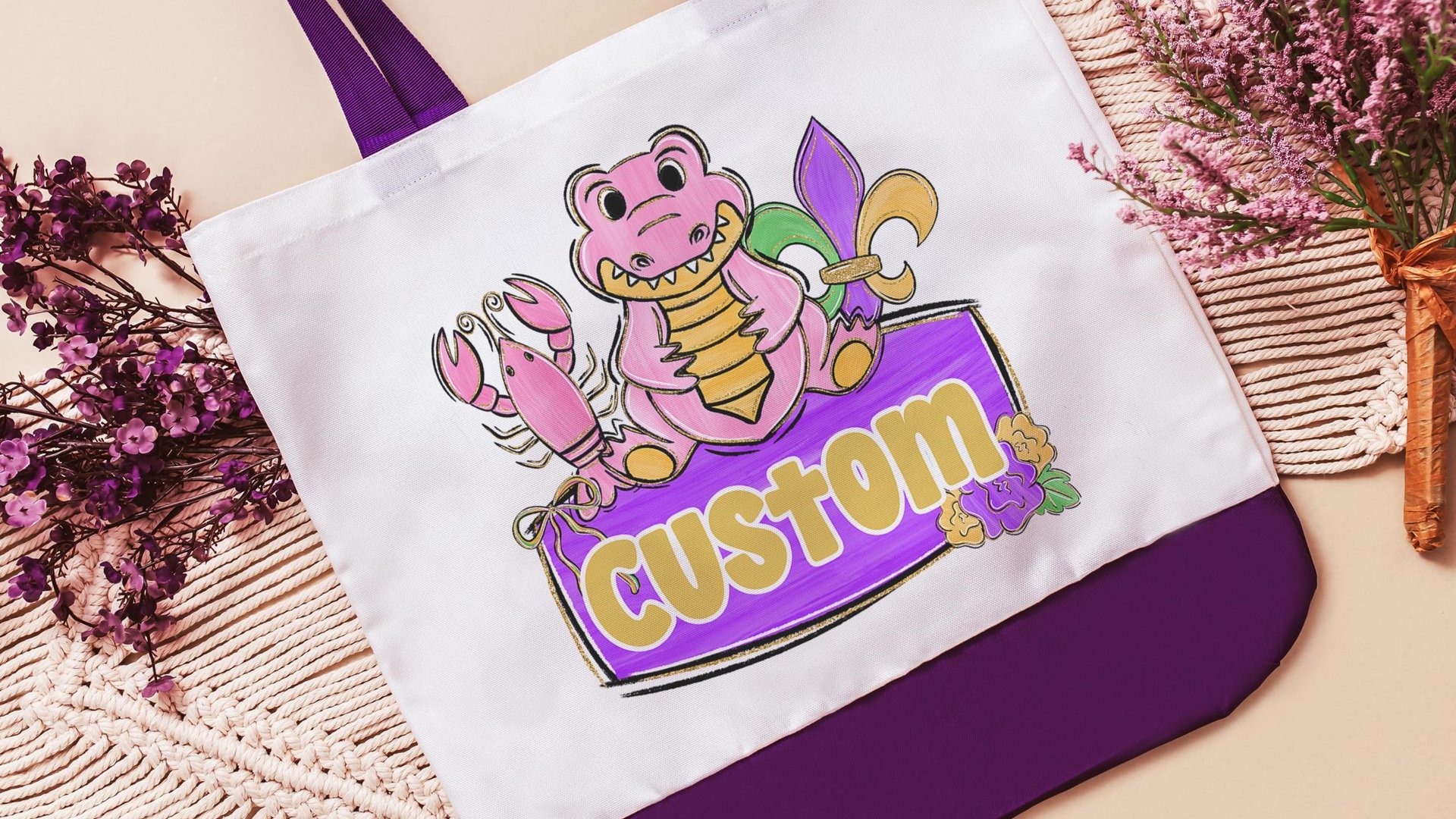personalized Mardi Gras alligator tote bag for boys, Louisiana gator gifts for kids, carnival parade bag with name, king cake baker merch