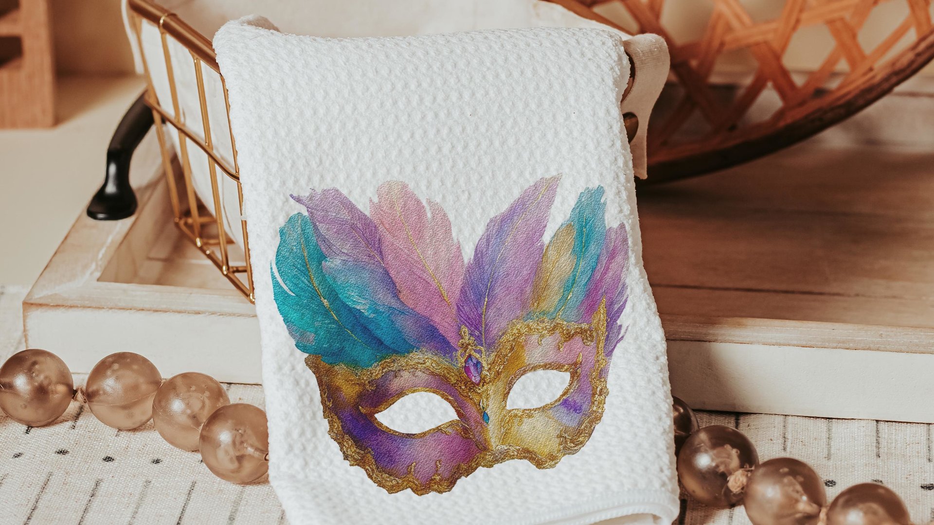 Mardi Gras carnival mask kitchen towels for gifts, watercolor fleur de lis hand towels for every season, Fat Tuesday decor, unique gifts for