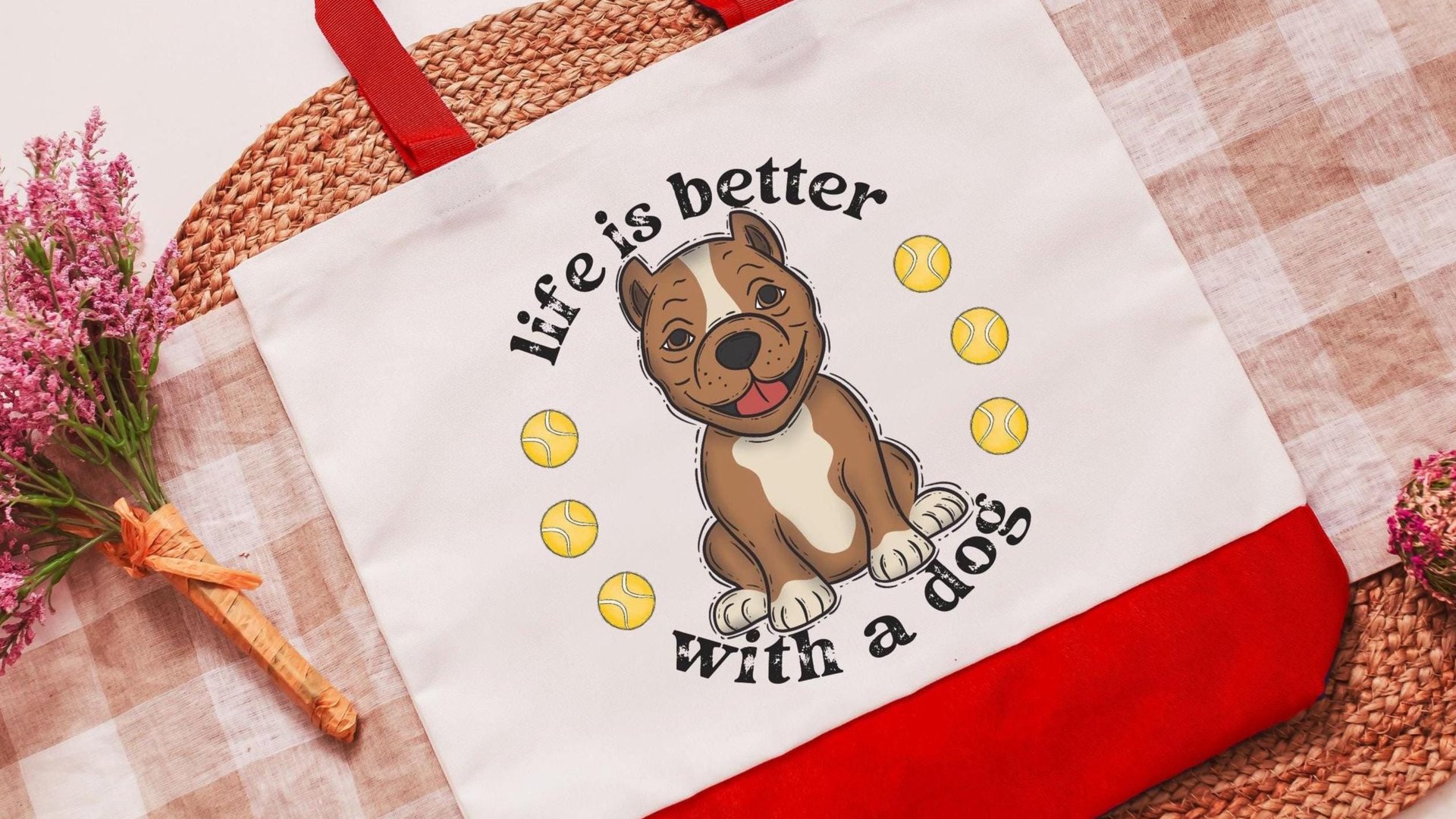 life is better with dogs American pit bull terrier tote bag for women, cute Mothers day gifts from dog, Staffordshire bull terrier reusable