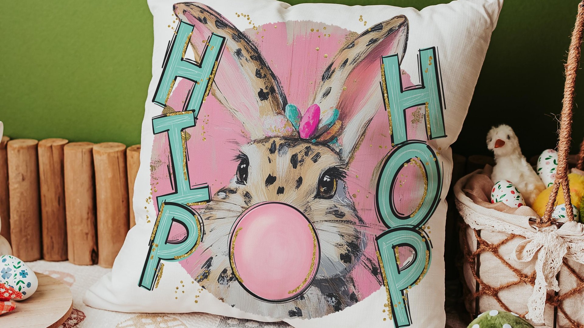 hip hop Easter bunny kitchen towels for gifts, bubblegum bunny Easter throw pillows for kids, cute Easter kitchen decor, Easter hostess gift