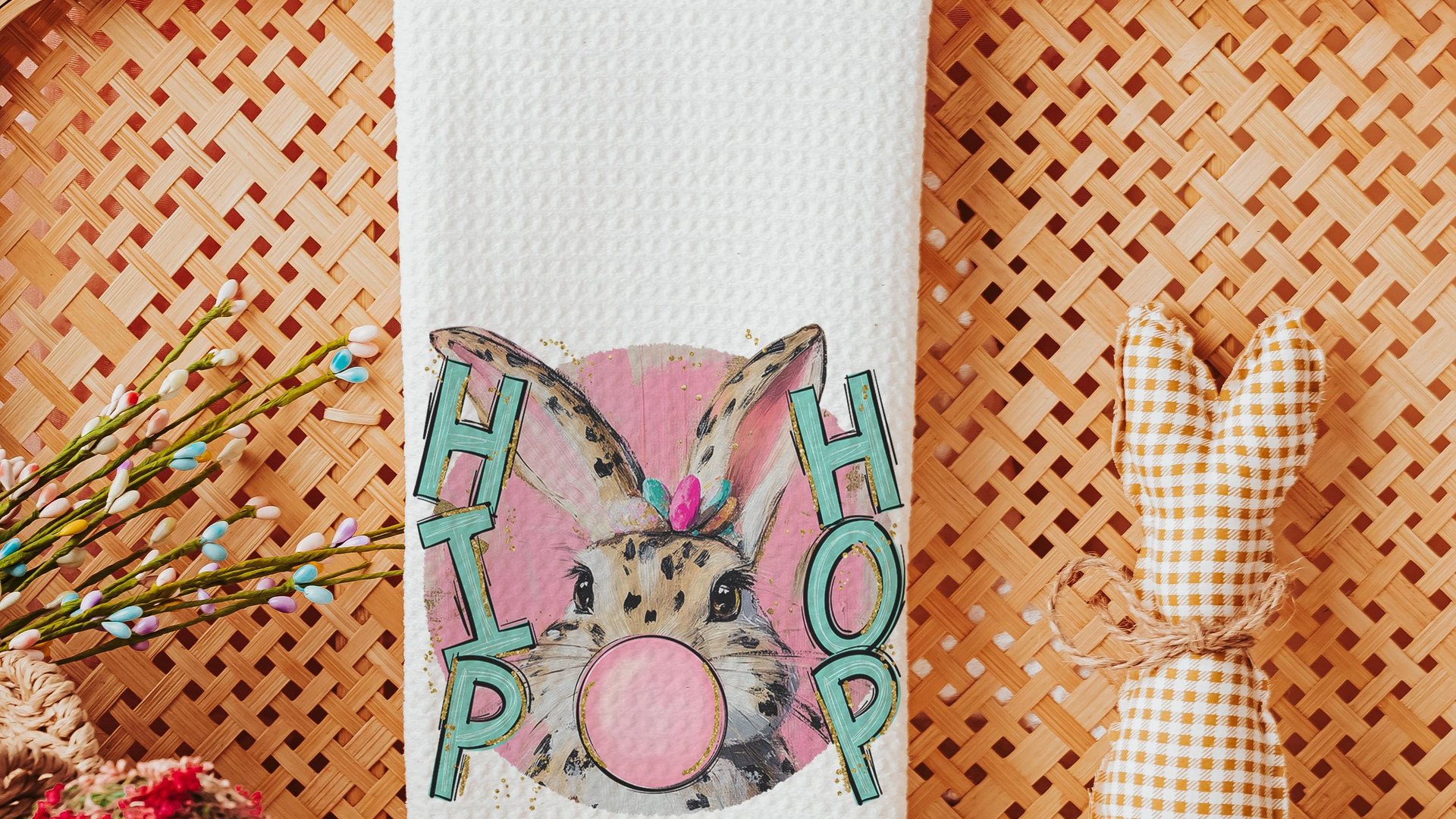 hip hop Easter bunny kitchen towels for gifts, bubblegum bunny Easter throw pillows for kids, cute Easter kitchen decor, Easter hostess gift