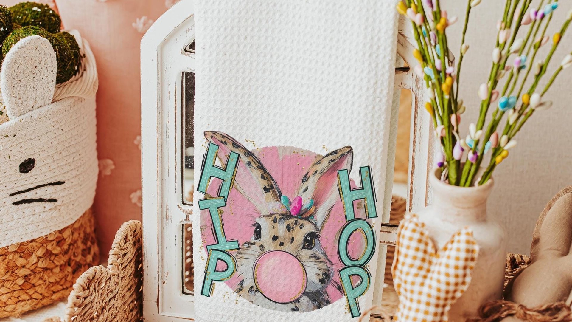 hip hop Easter bunny kitchen towels for gifts, bubblegum bunny Easter throw pillows for kids, cute Easter kitchen decor, Easter hostess gift