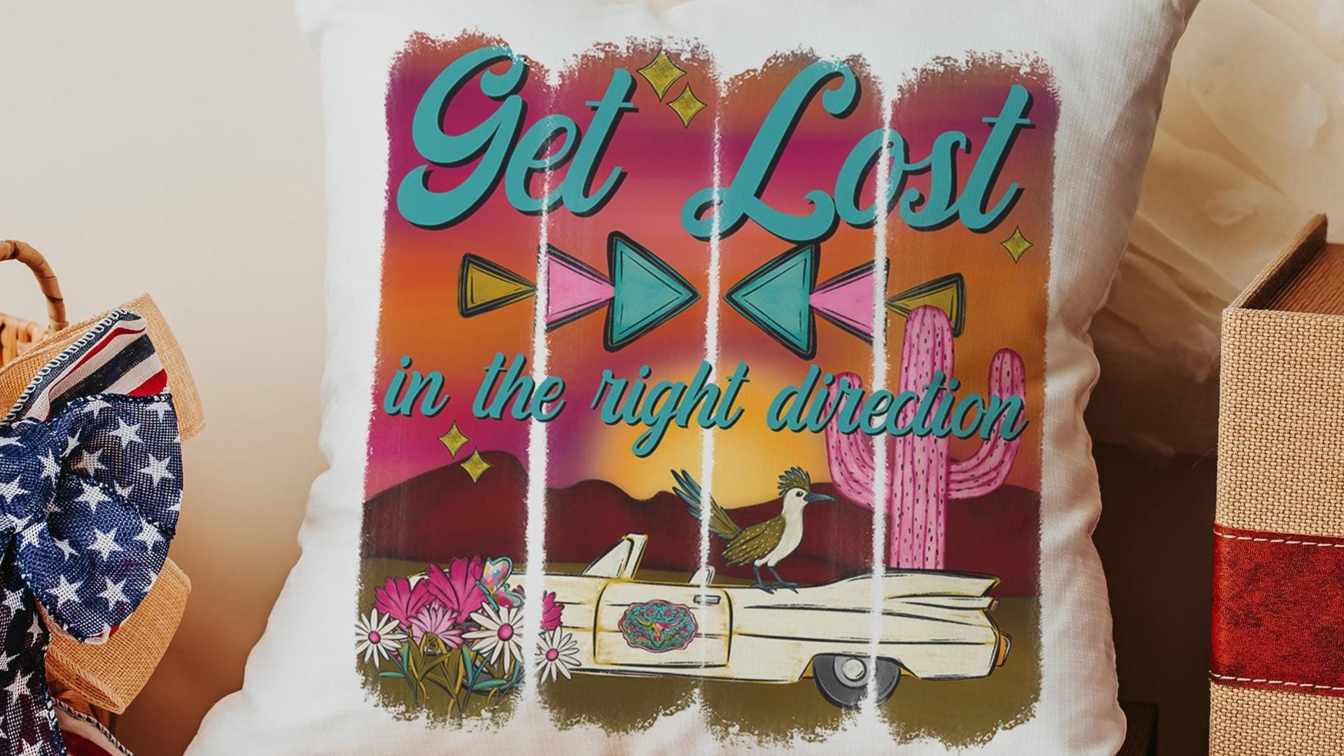 Get lost in the right direction inspirational throw pillows for couch, summer road trip RV decorations for inside, glamping bachelorette