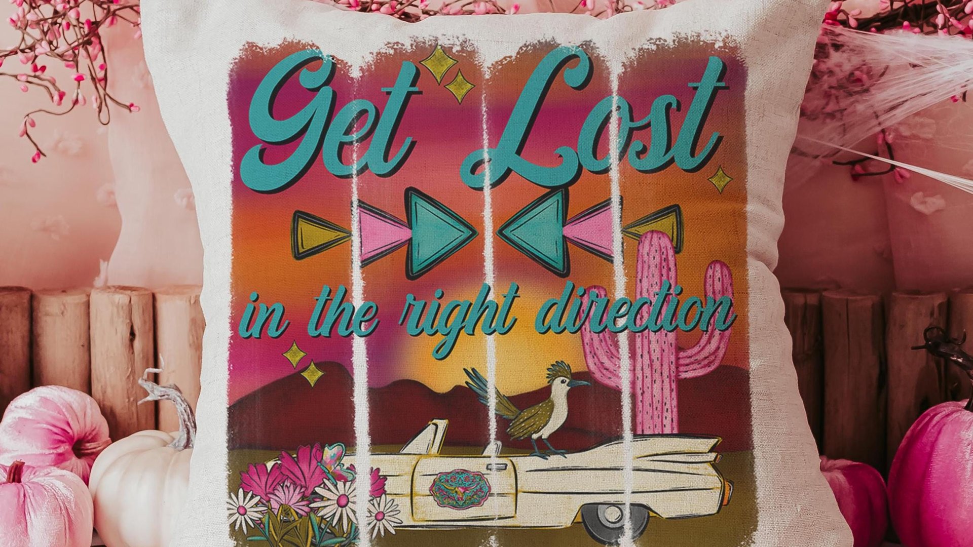 Get lost in the right direction inspirational throw pillows for couch, summer road trip RV decorations for inside, glamping bachelorette