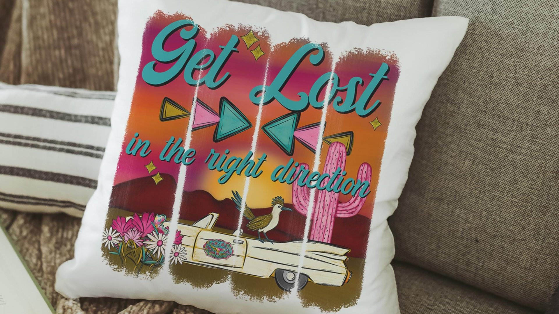 Get lost in the right direction inspirational throw pillows for couch, summer road trip RV decorations for inside, glamping bachelorette