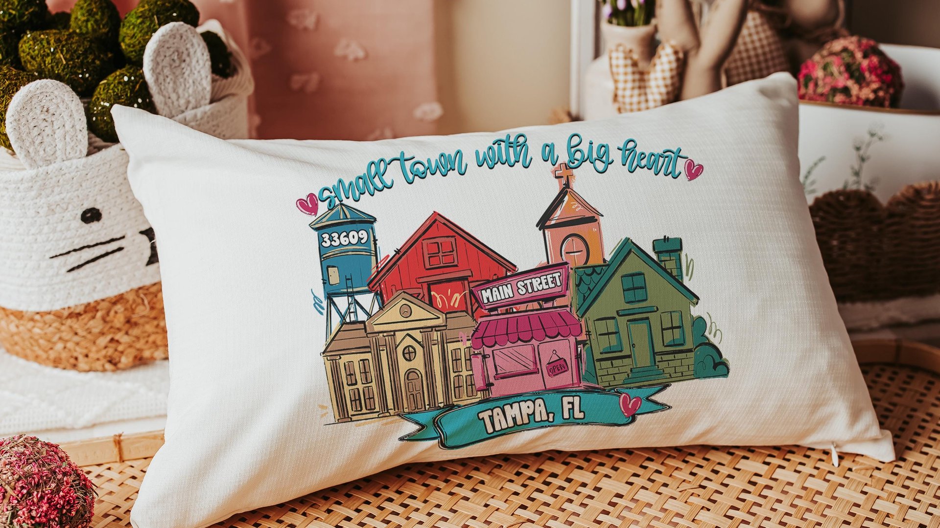 custom main street Valentine throw pillows 12 x 20, personalized small town big heart tea towel for couples, zip code home gift for in laws