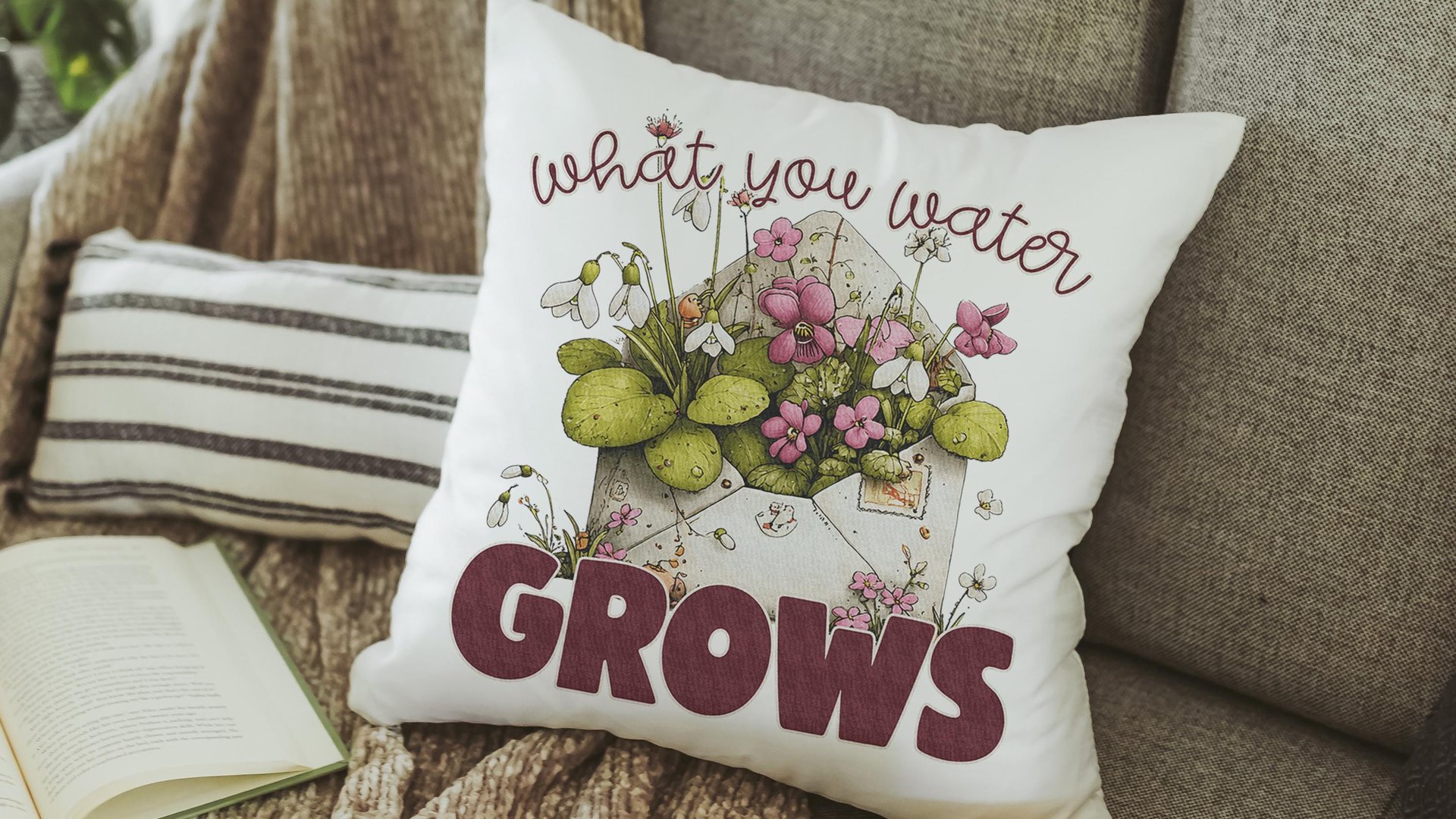 what you water grows inspirational throw pillows for couch floral decorative pillows for bed, home decor gift for women, gardener gifts for