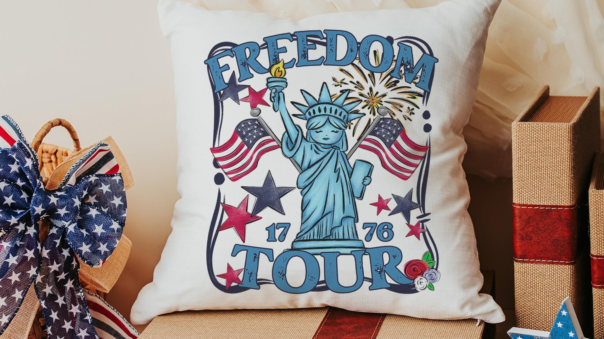 Freedom tour throw pillows for porch, Americana decor with red floral 4th of July home decor, patriotic gifts for women, military gifts