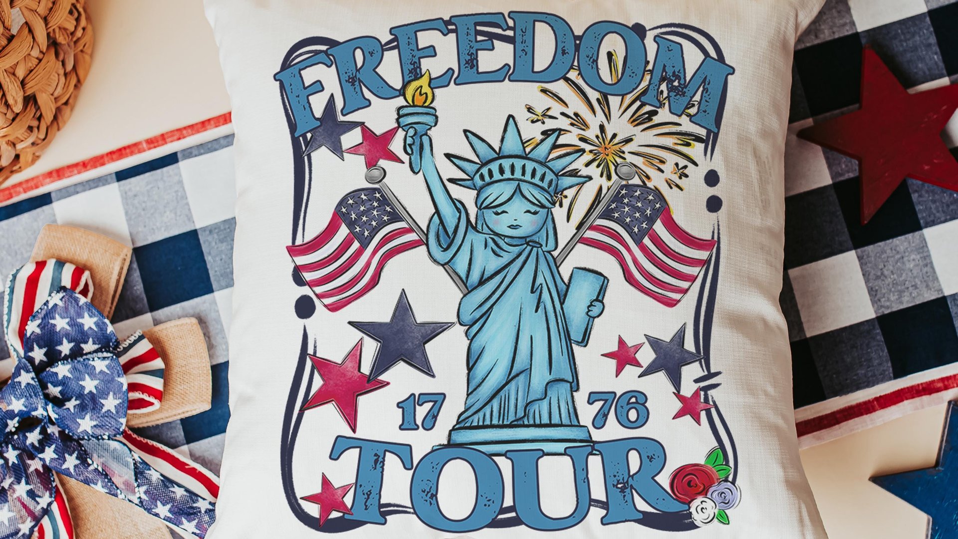 Freedom tour throw pillows for porch, Americana decor with red floral 4th of July home decor, patriotic gifts for women, military gifts