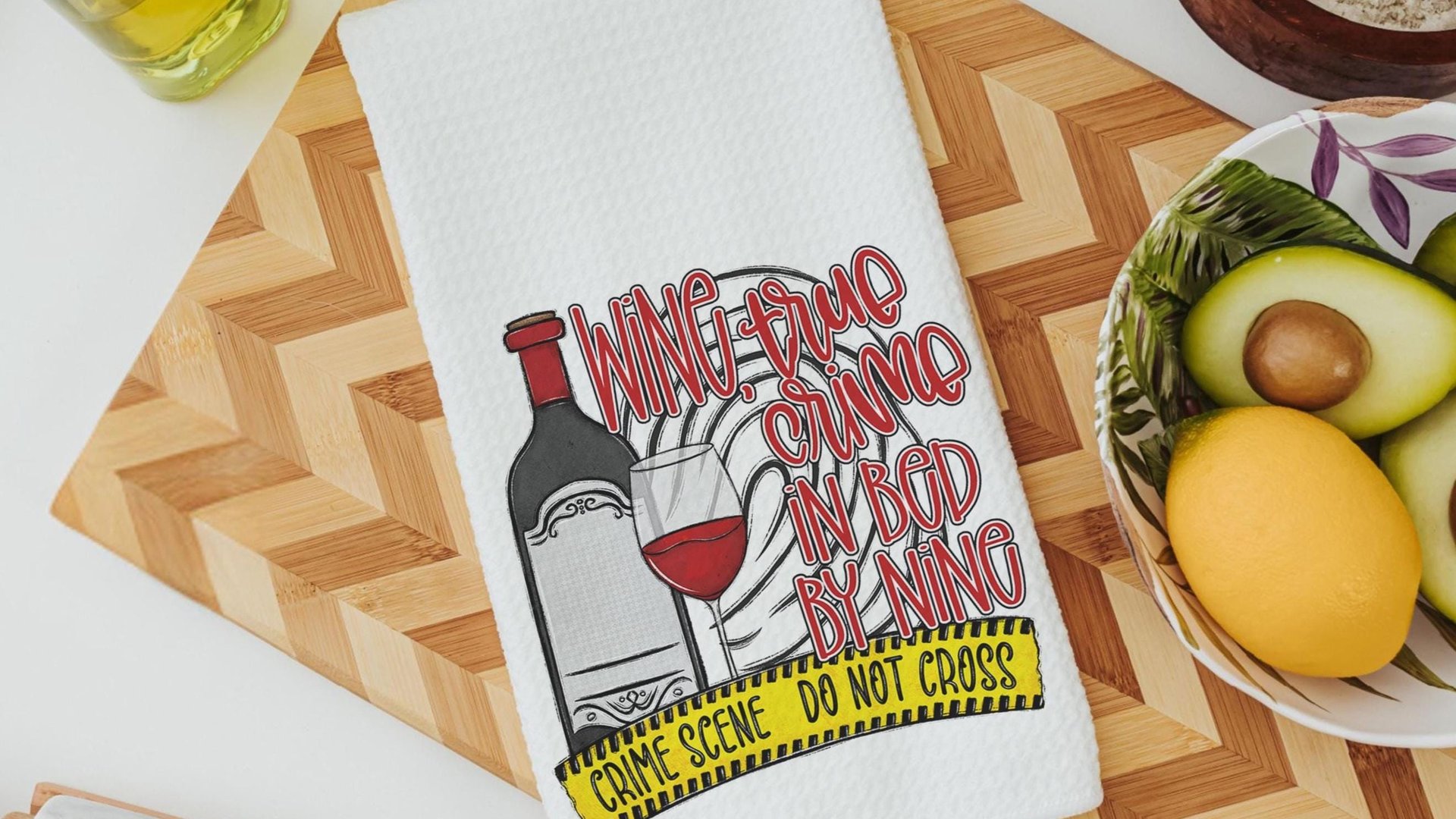 wine true crime in bed by 9 funny kitchen towels for women, true crime gift for her, serial killers and chill hand towel for guest bathroom