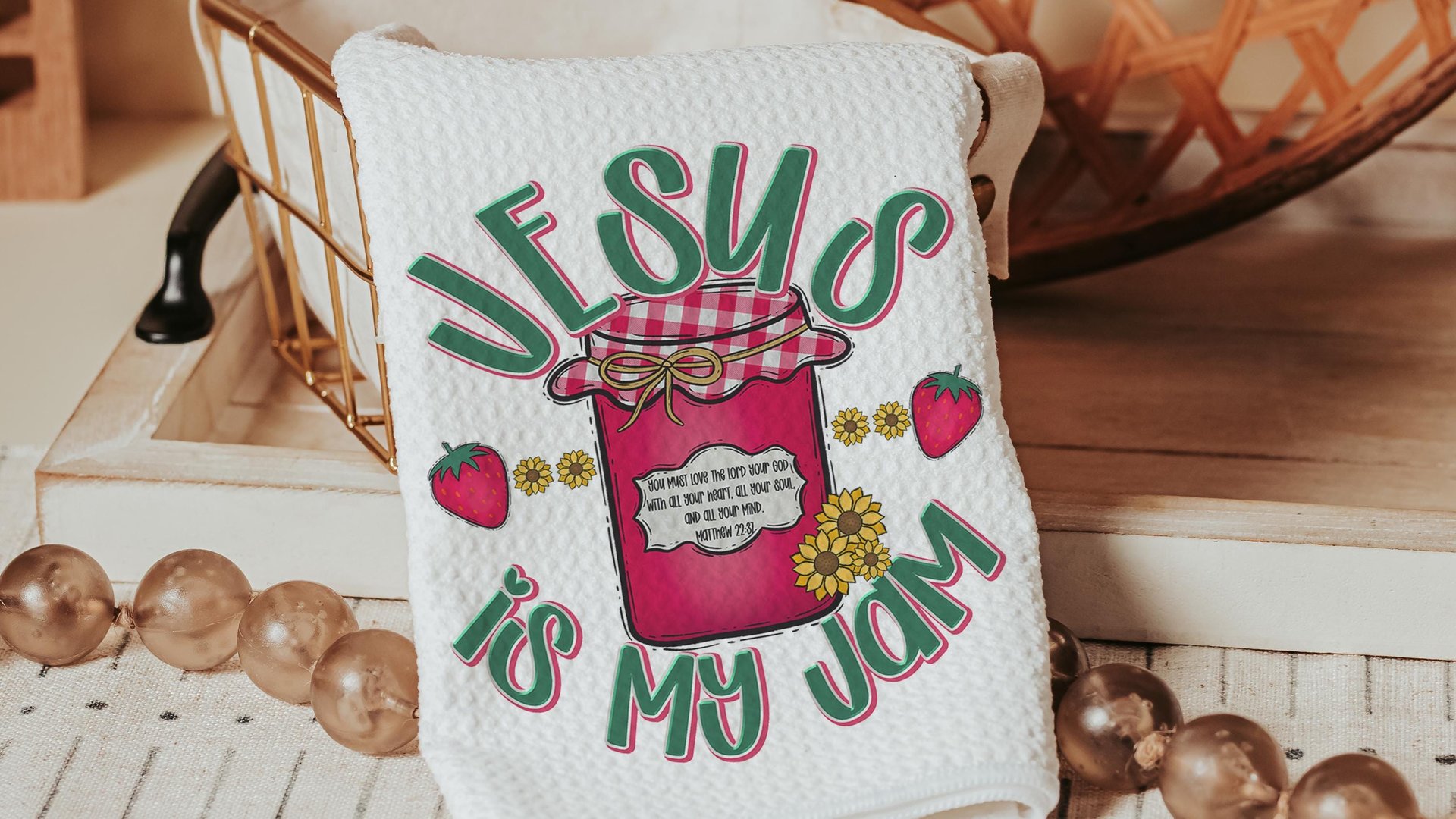 personalized Jesus is my jam hand towels for kitchen Christian gifts for daughter wedding shower, strawberry kitchen decor, Matthew 22:37