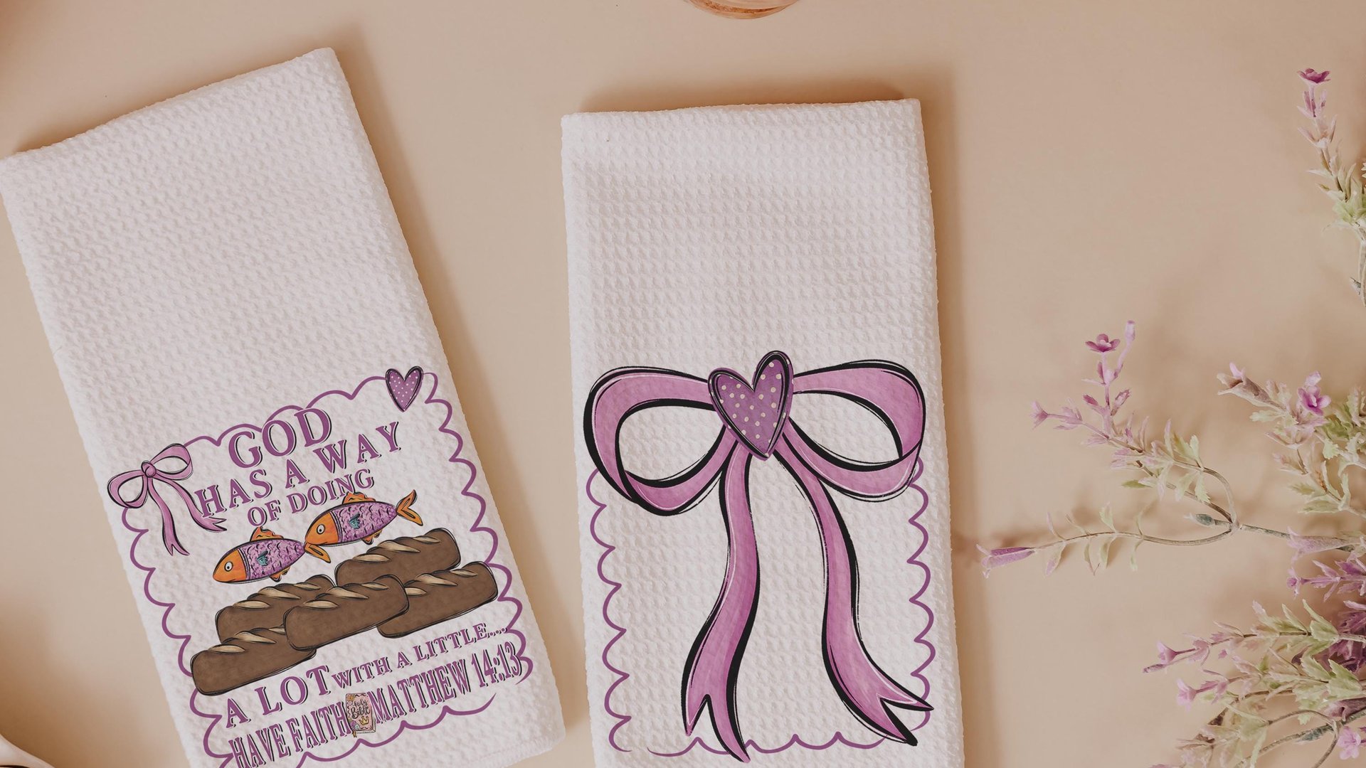 God has a way loaves and fish Christian kitchen towels for Mom, pink bow coquette hand towel for guest bathroom, Bible verse kitchen decor