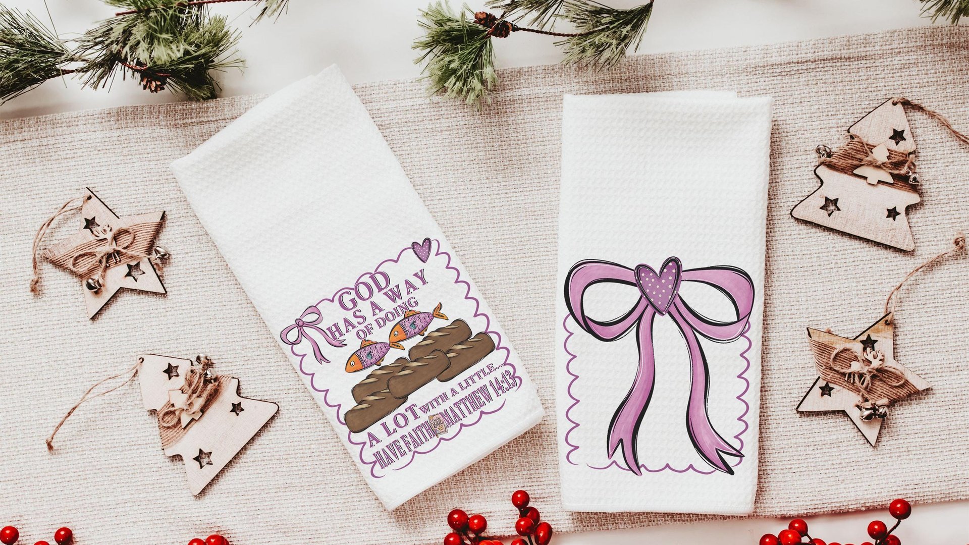 God has a way loaves and fish Christian kitchen towels for Mom, pink bow coquette hand towel for guest bathroom, Bible verse kitchen decor