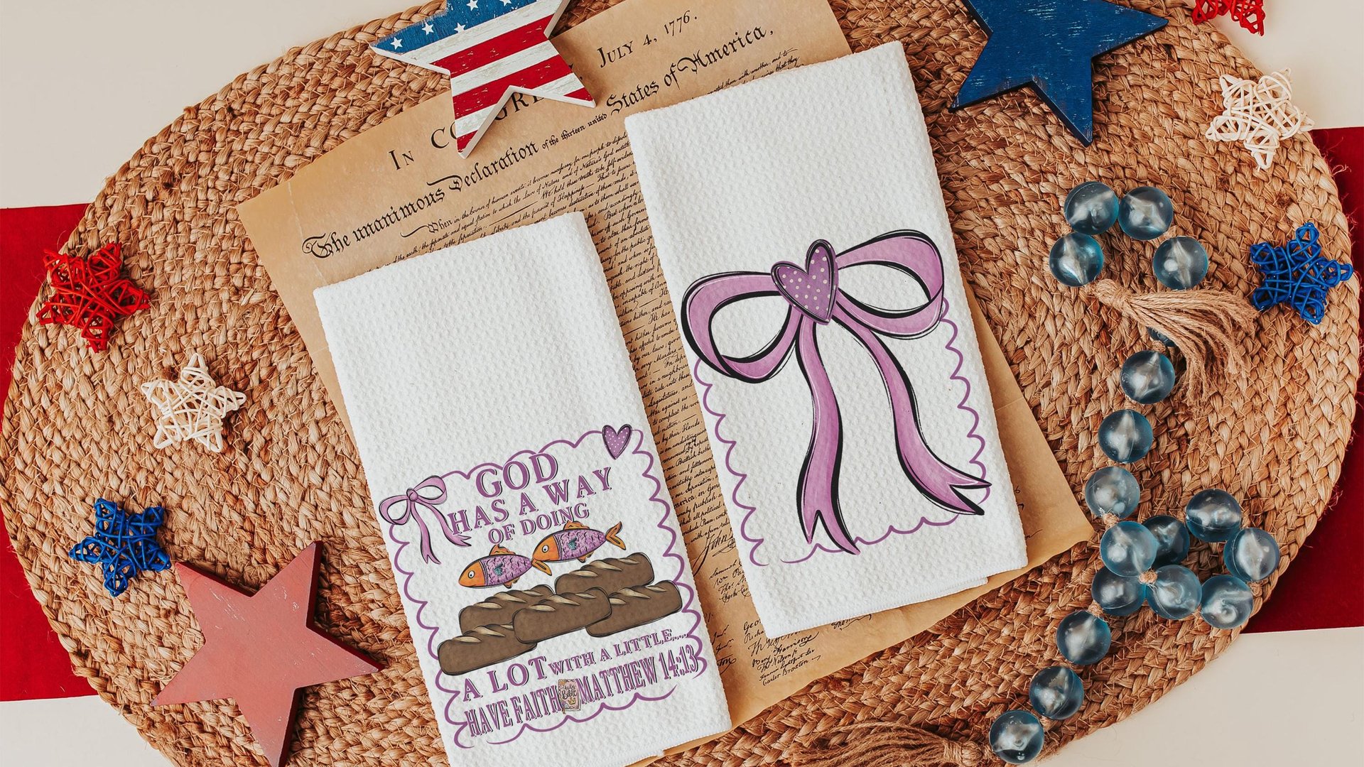 God has a way loaves and fish Christian kitchen towels for Mom, pink bow coquette hand towel for guest bathroom, Bible verse kitchen decor