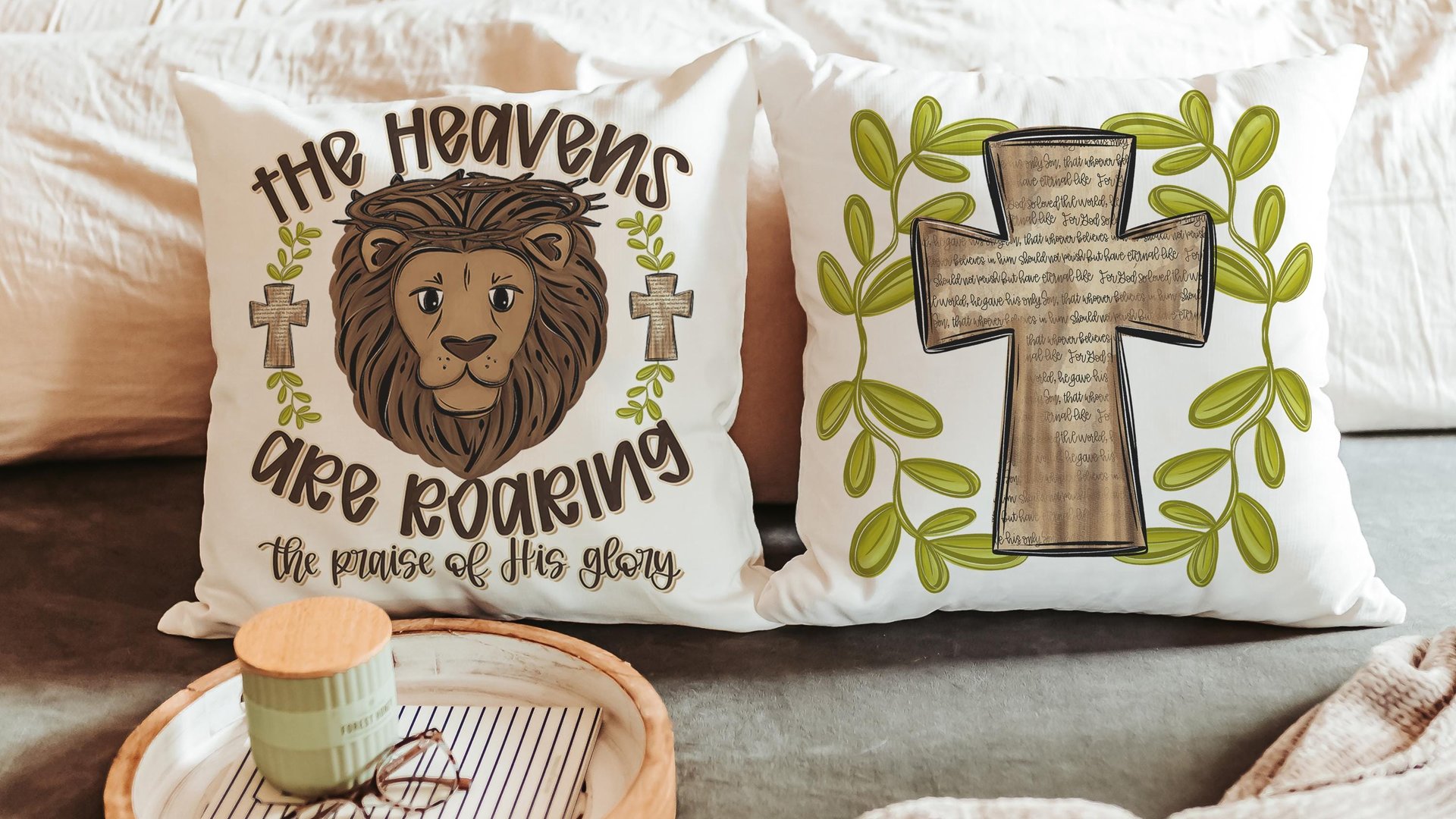 the heavens are roaring lion throw pillows for kids, John 3:16 Bible verse decorative pillows for couch, scripture nursery decor, Christian