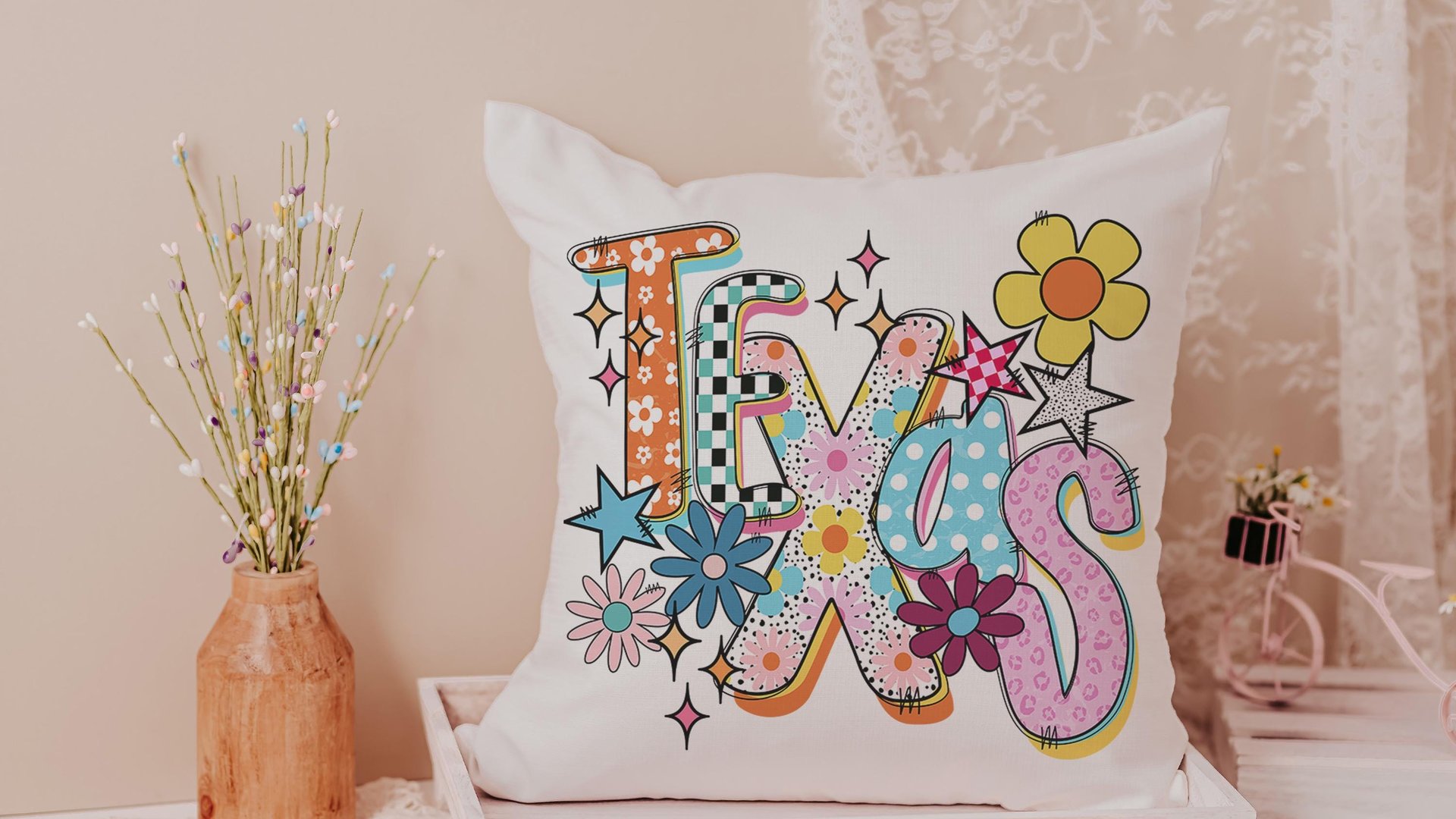 floral Texas throw pillows for couch colorful decorative pillows for sofa, whimsical home decor gift dorm decor, Texas gifts for house, TX