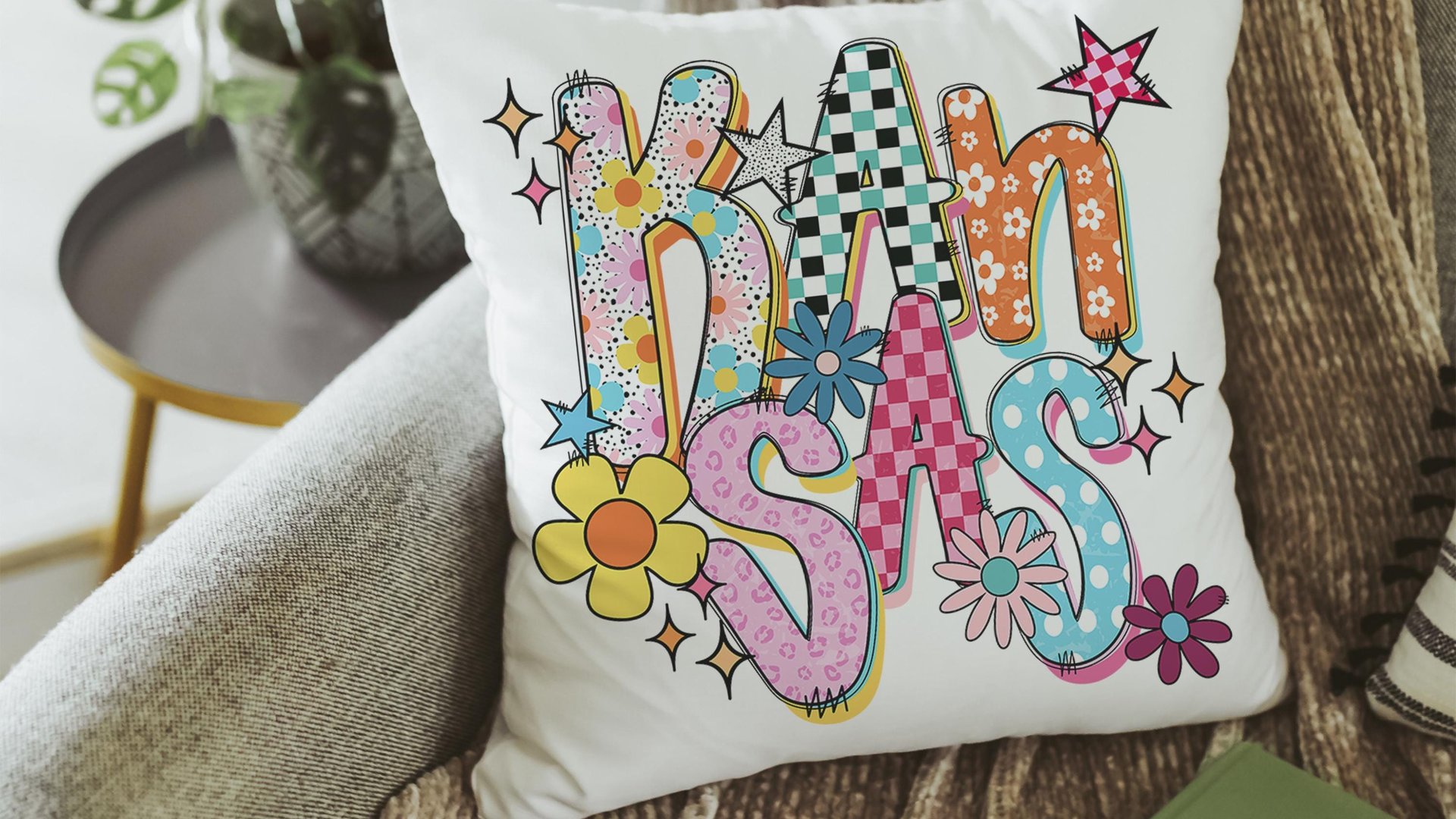 colorful Kansas throw pillows for couch bright Kansas college dorm decor for girls, hippie flower decorative pillows for sofa, Kansas gifts