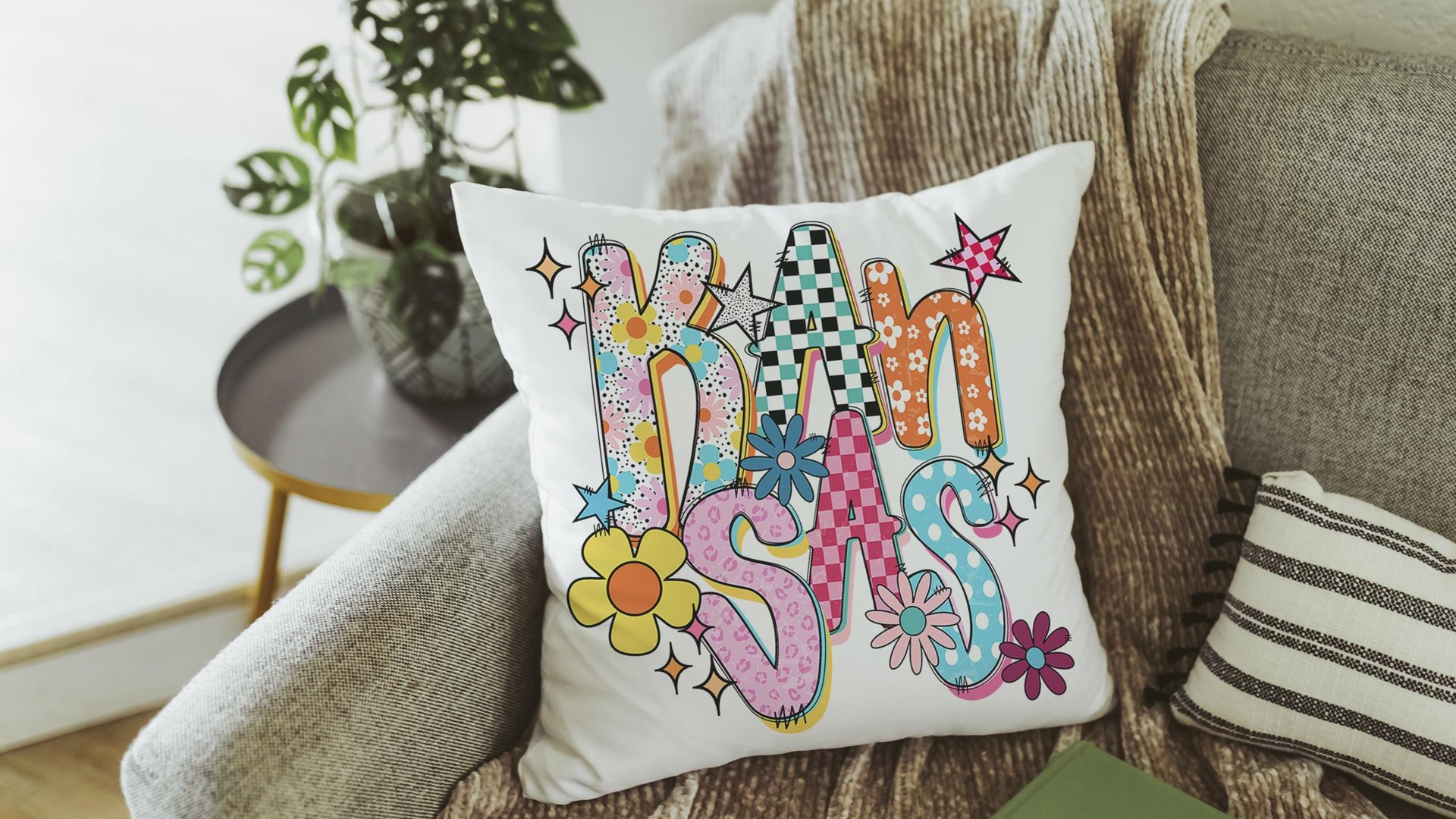 colorful Kansas throw pillows for couch bright Kansas college dorm decor for girls, hippie flower decorative pillows for sofa, Kansas gifts