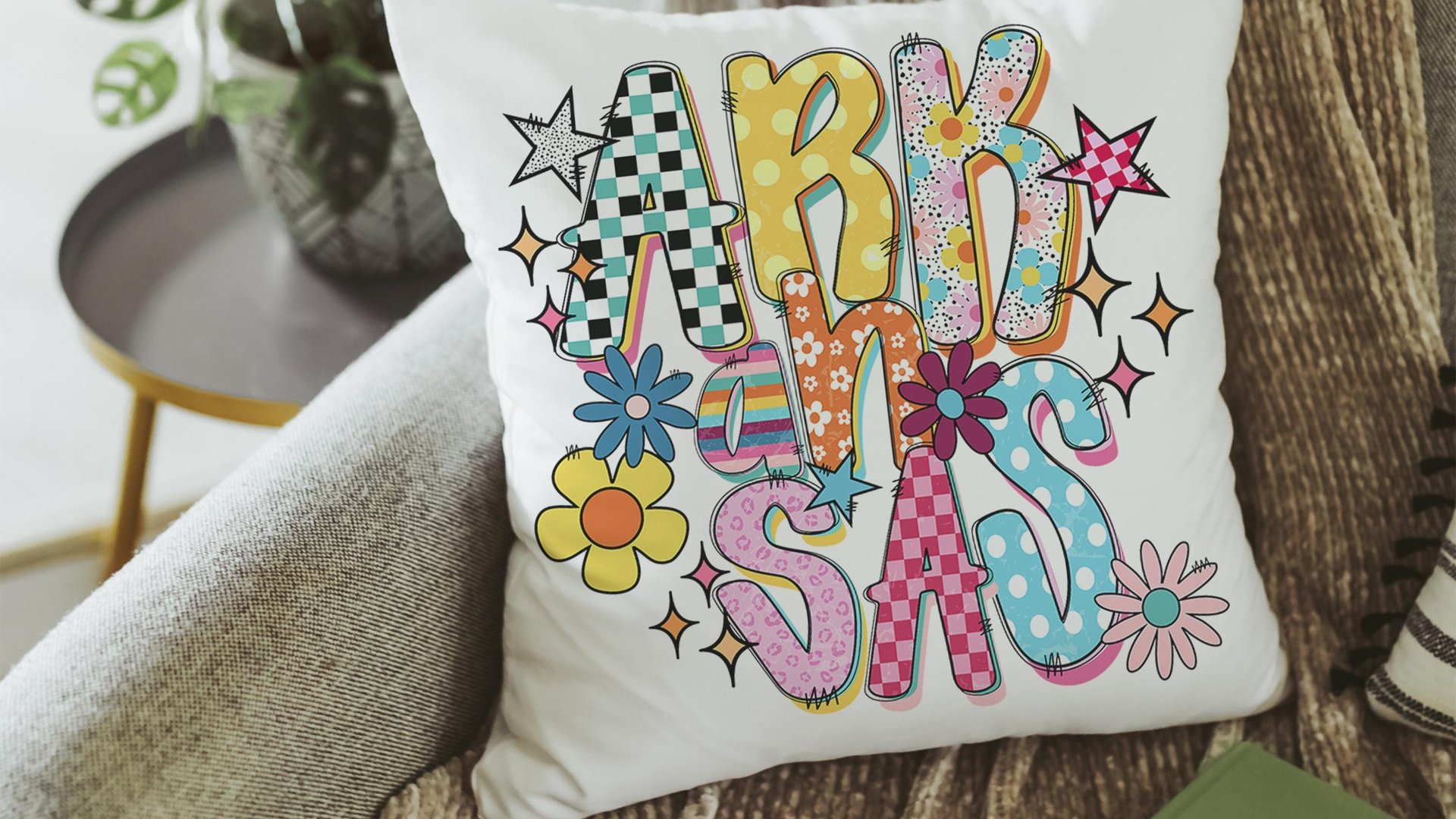 colorful Arkansas throw pillows for couch bright aesthetic home decor, best gifts for her, Arkansas dorm decor for girls, Arkansas gifts for