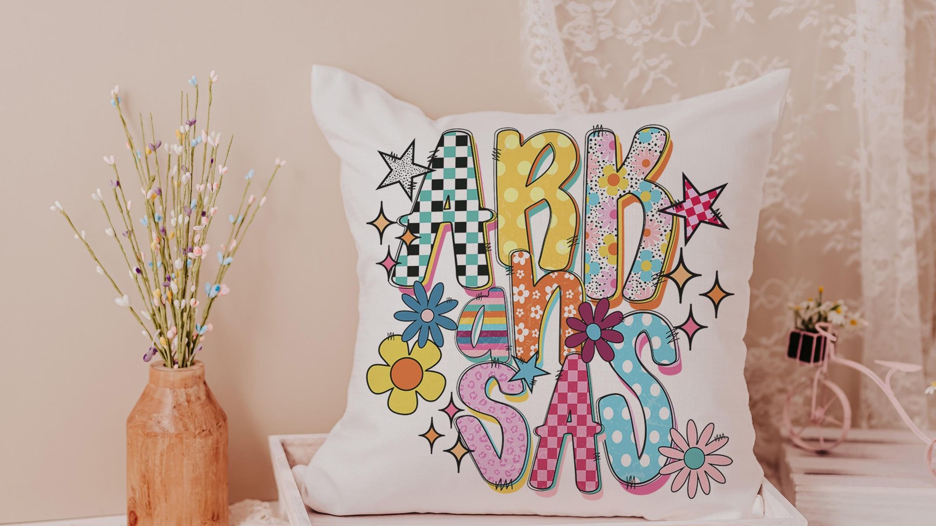 colorful Arkansas throw pillows for couch bright aesthetic home decor, best gifts for her, Arkansas dorm decor for girls, Arkansas gifts for