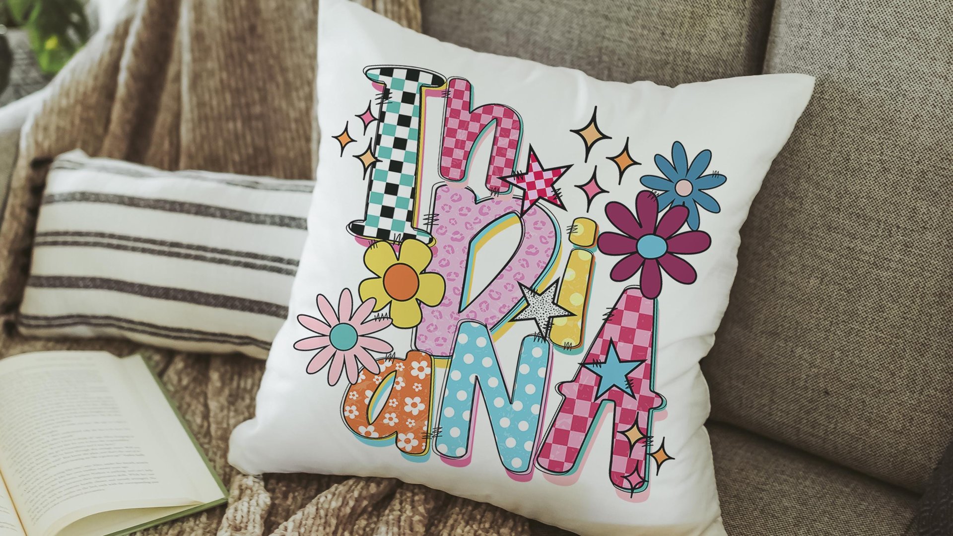 cute Indiana throw pillows for couch colorful accent pillows for dorm room, real estate agent gifts, realtor office decor, Indiana girl gift