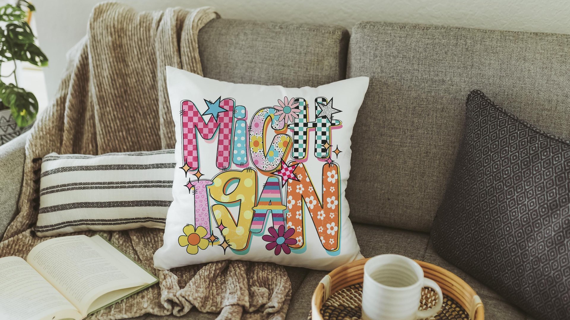 trendy Michigan throw pillows for couch colorful Michigan dorm decor for girls, real estate agent gifts, bright Michigan decor for office