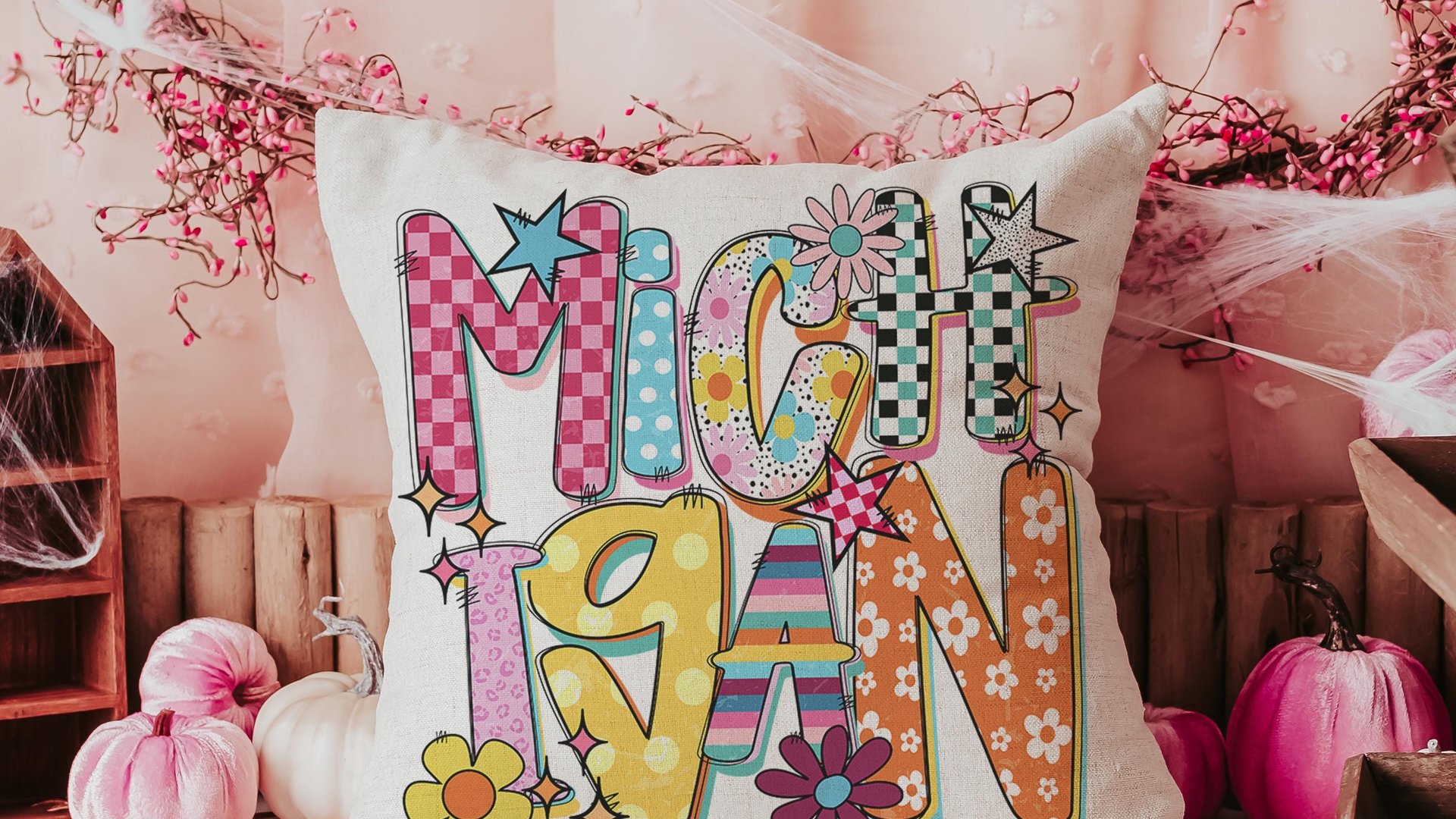 trendy Michigan throw pillows for couch colorful Michigan dorm decor for girls, real estate agent gifts, bright Michigan decor for office