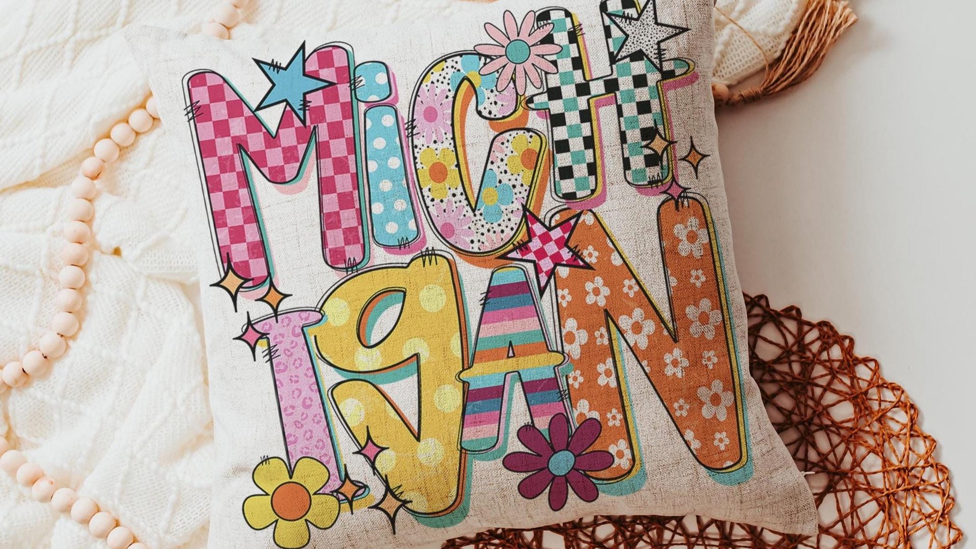 trendy Michigan throw pillows for couch colorful Michigan dorm decor for girls, real estate agent gifts, bright Michigan decor for office