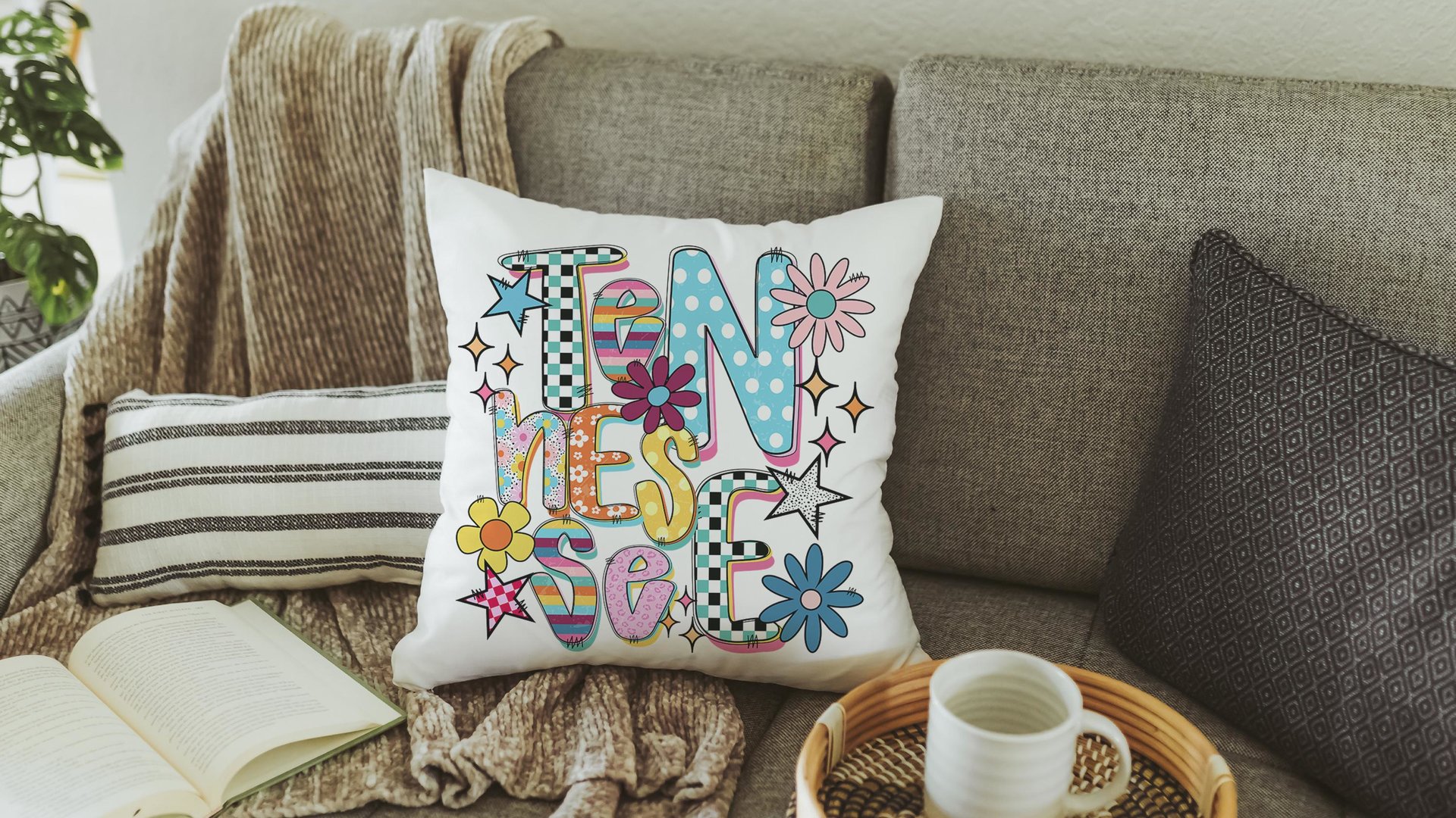 colorful Tennessee pillow for dorm, cute Tennessee gifts for her, real estate office decor, new realtor gifts, decorative pillows for couch