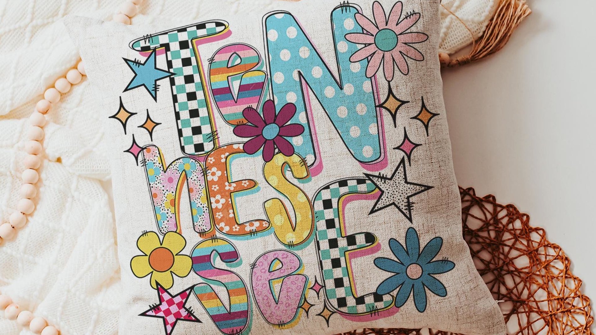 colorful Tennessee pillow for dorm, cute Tennessee gifts for her, real estate office decor, new realtor gifts, decorative pillows for couch