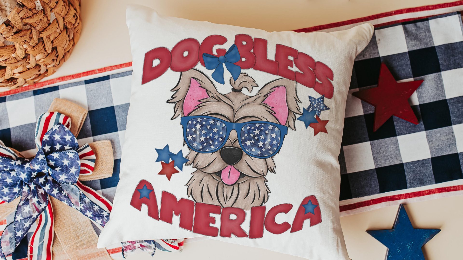 dog bless America Yorkshire terrier 4th of July throw pillows for day bed, red white and blue patriotic dog gift for home, Yorkie pillow for