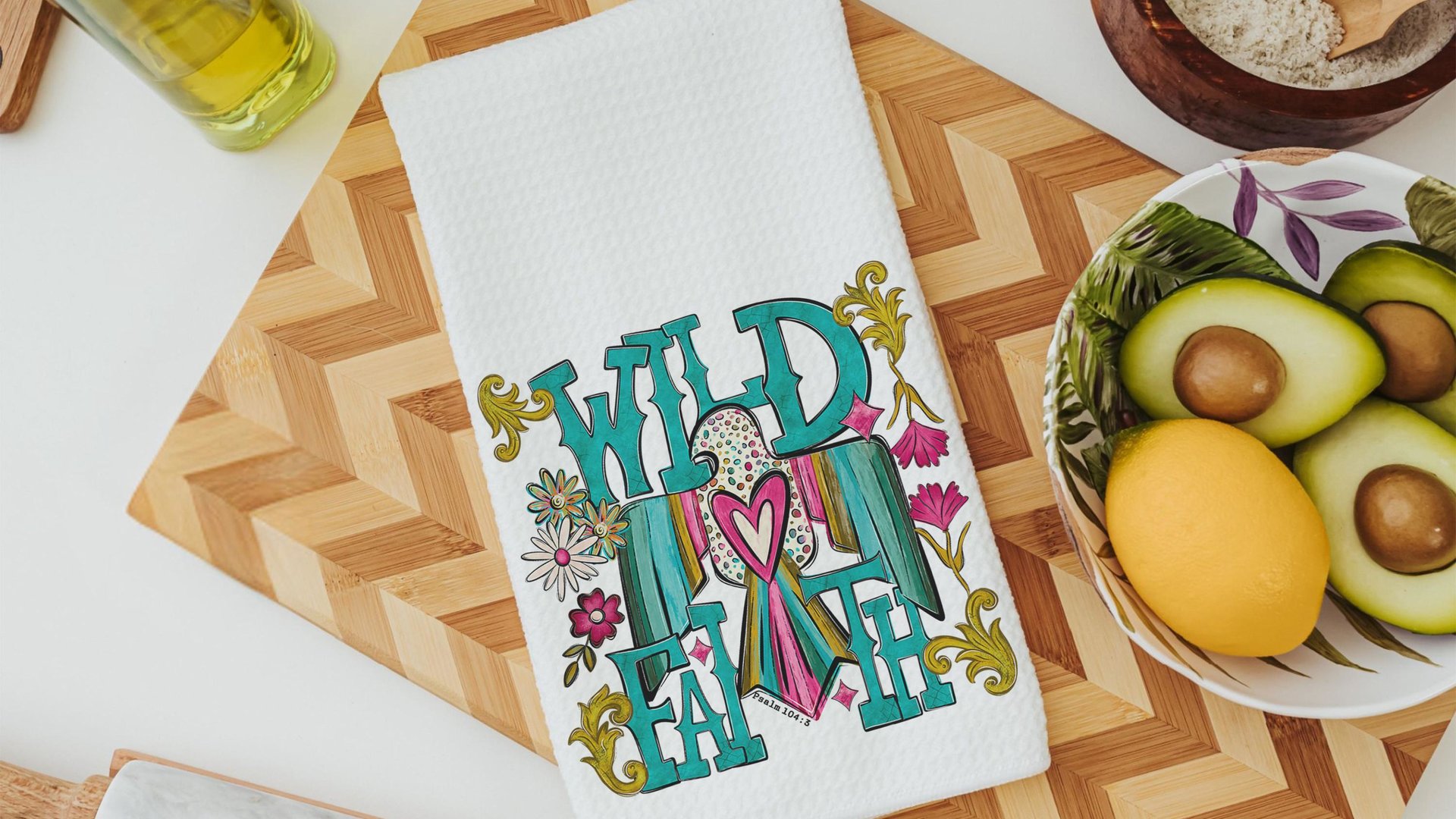 wild faith kitchen towels for gifts, boho floral hand towel for bathroom, southwestern kitchen decor, turquoise thunderbird gifts for women