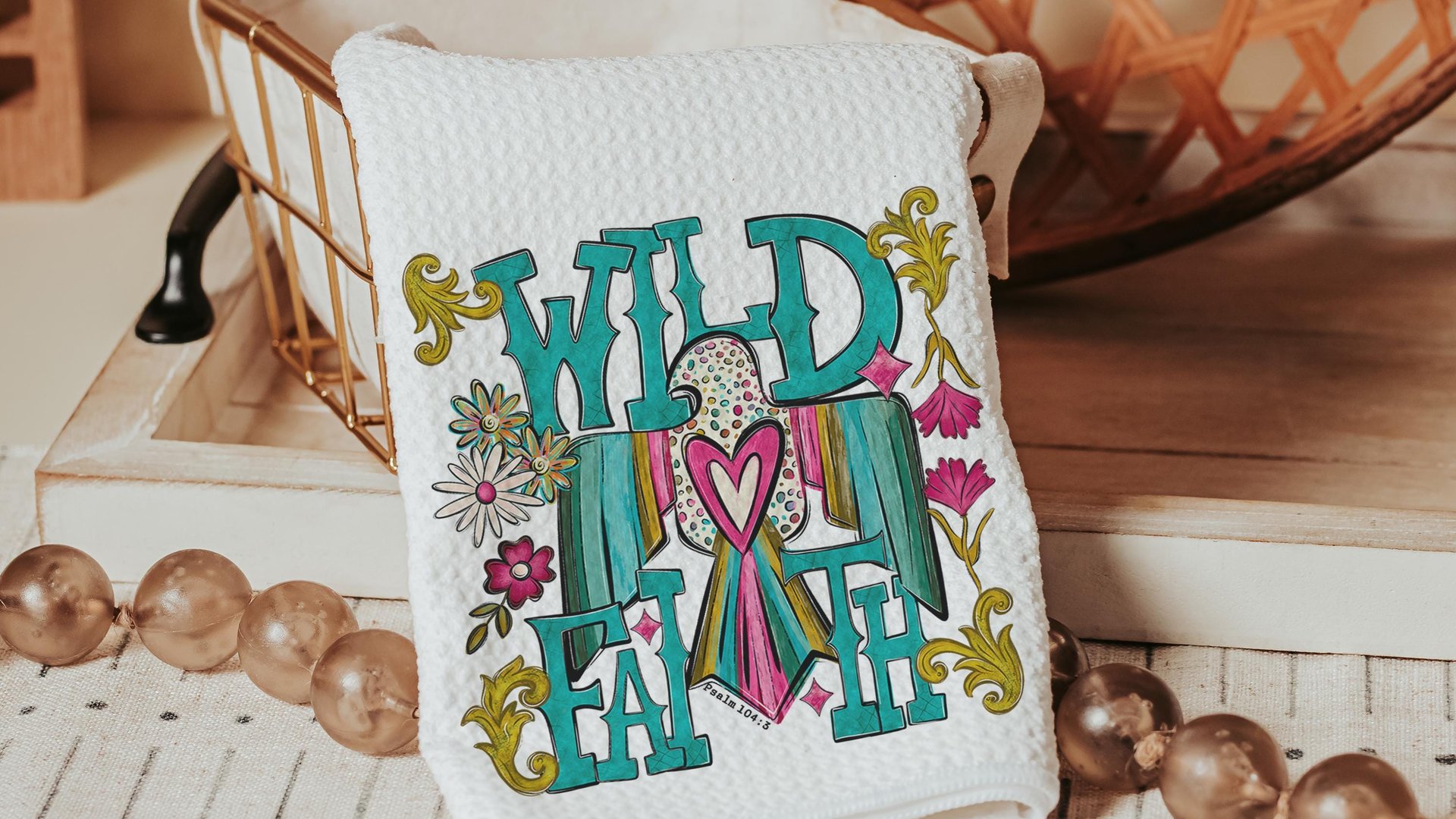 wild faith kitchen towels for gifts, boho floral hand towel for bathroom, southwestern kitchen decor, turquoise thunderbird gifts for women