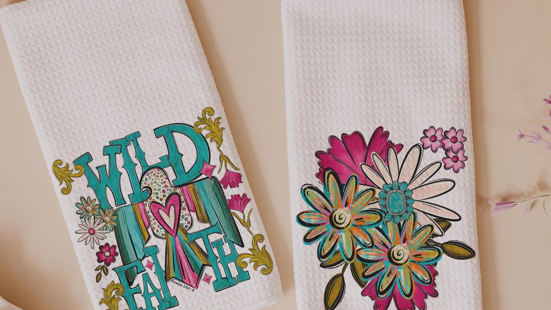 wild faith kitchen towels for gifts, boho floral hand towel for bathroom, southwestern kitchen decor, turquoise thunderbird gifts for women