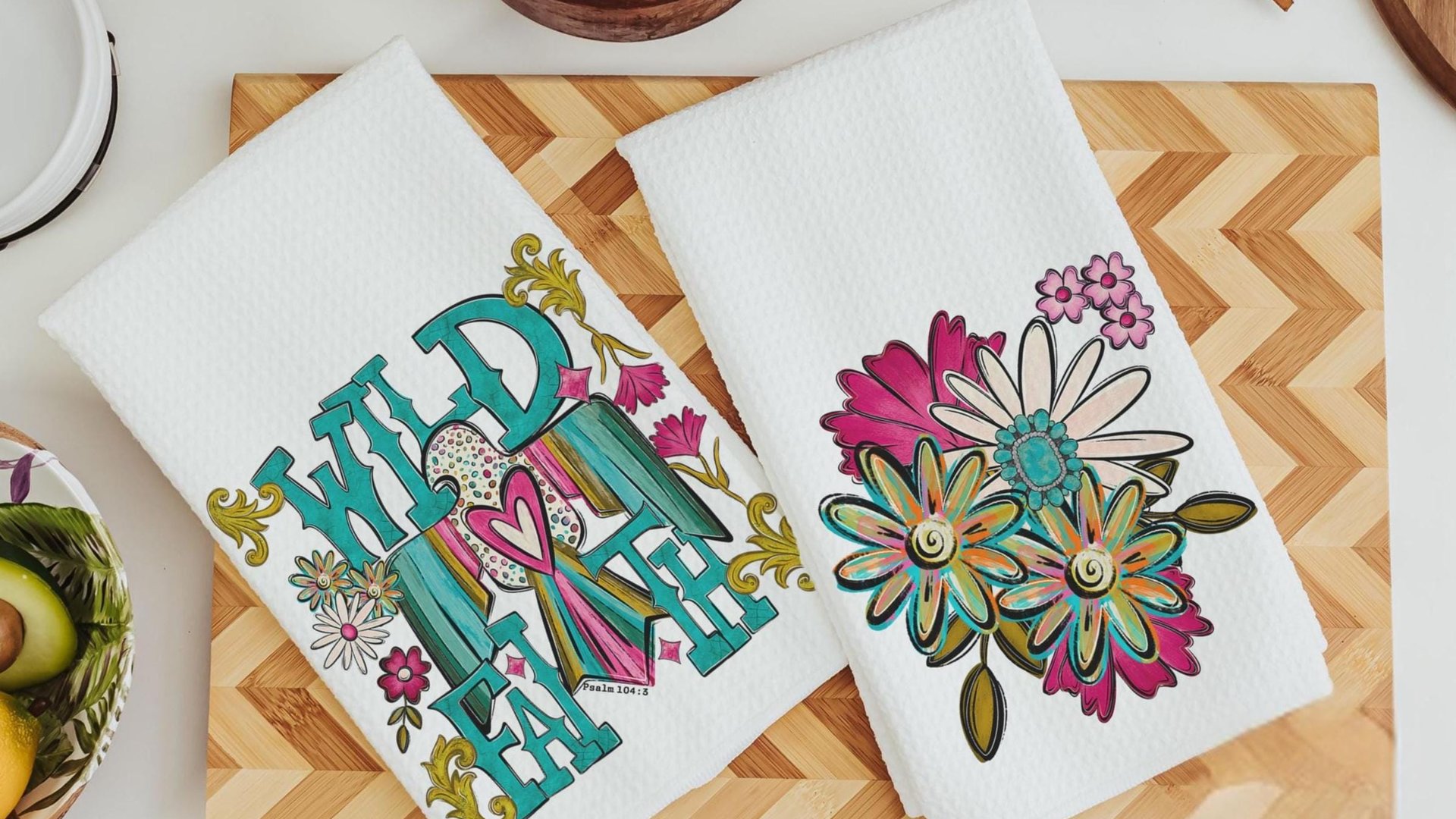 wild faith kitchen towels for gifts, boho floral hand towel for bathroom, southwestern kitchen decor, turquoise thunderbird gifts for women