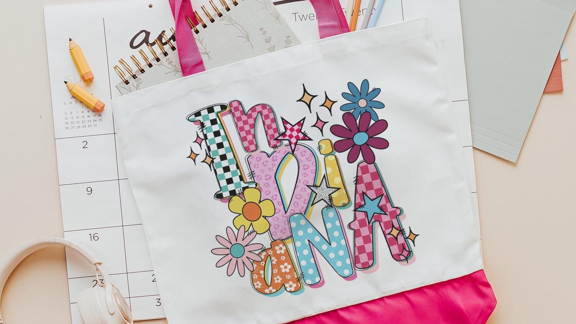 baby pink leopard print Indiana tote bag for women, bright checkered realtor tote bag real estate agent gift, Indiana girl Indiana gifts