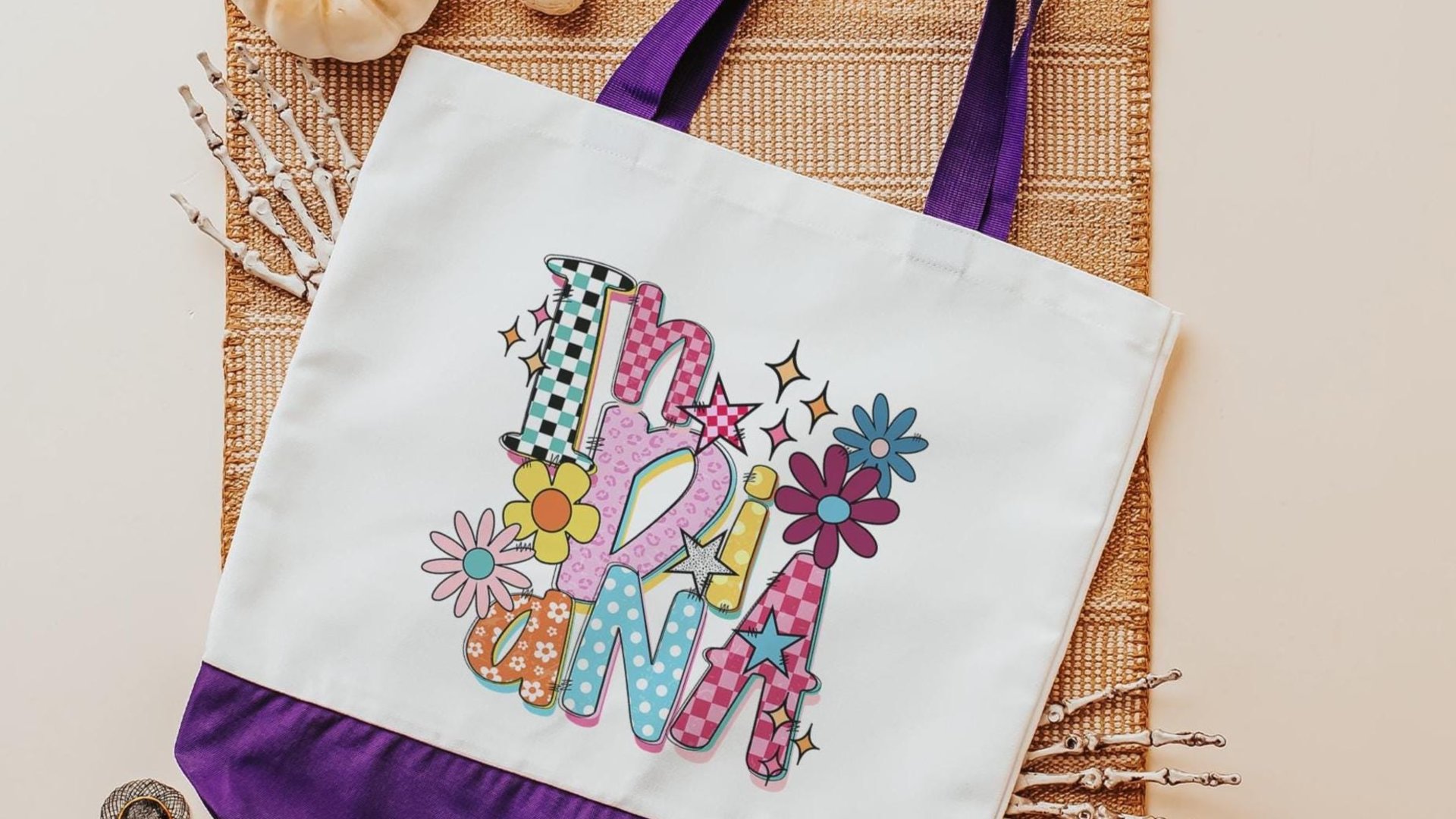 baby pink leopard print Indiana tote bag for women, bright checkered realtor tote bag real estate agent gift, Indiana girl Indiana gifts