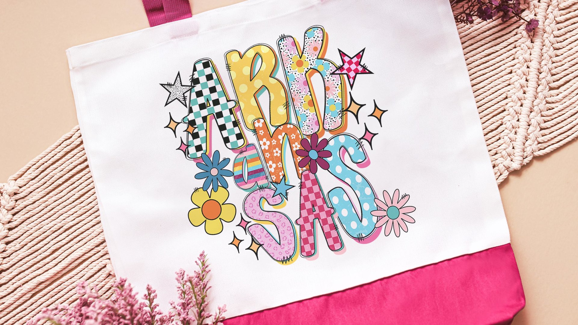 pink checkered Arkansas tote for college, real estate agent tote bag for women, Little Rock Arkansas gifts, farmers market bag, cute teacher