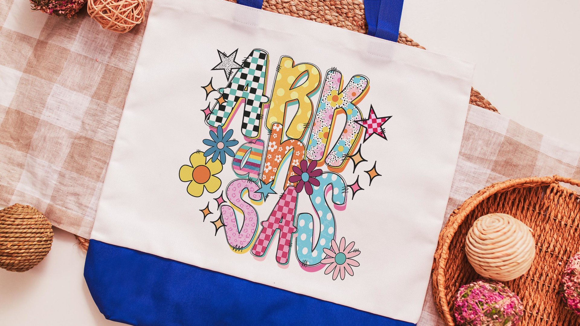 pink checkered Arkansas tote for college, real estate agent tote bag for women, Little Rock Arkansas gifts, farmers market bag, cute teacher