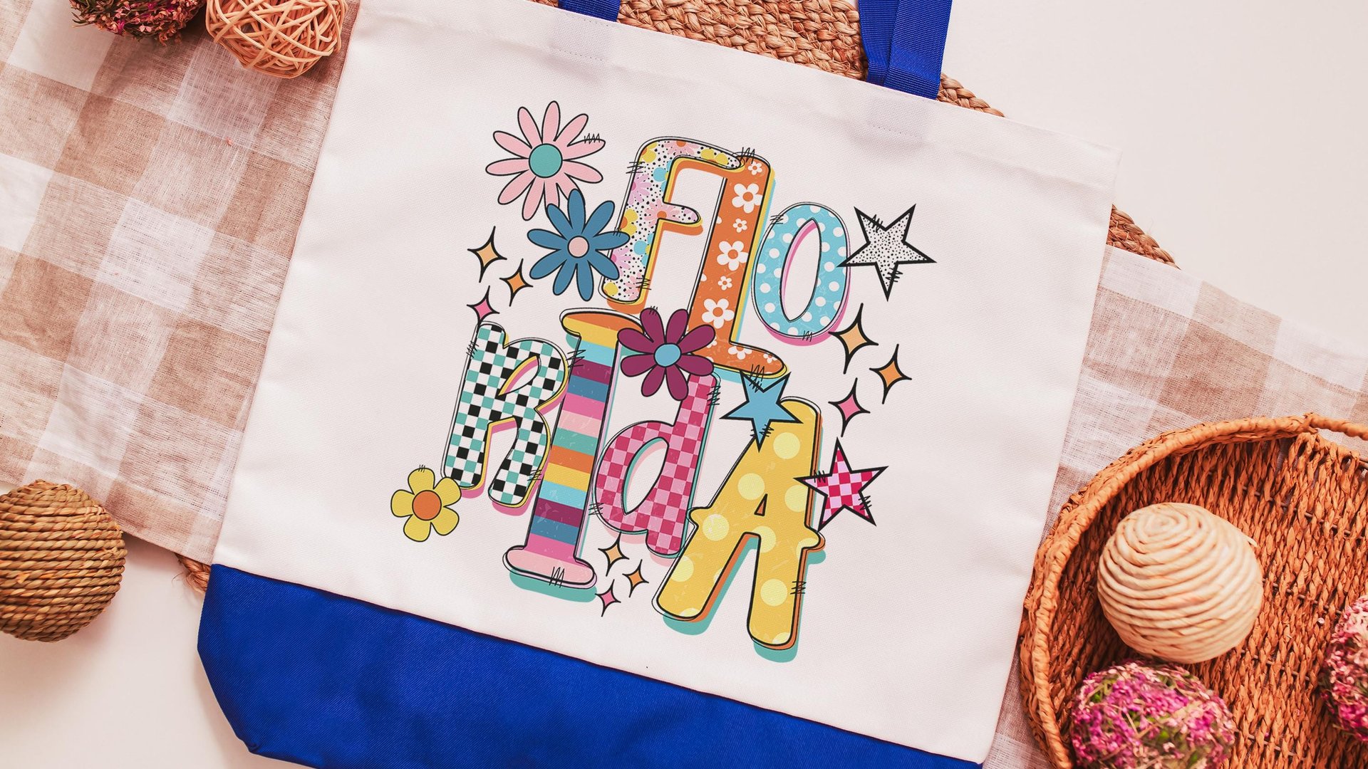 rainbow stripe Florida tote bag for summer, trendy checkered beach bag for women, realtor tote bag real estate agent gift, Florida gifts for