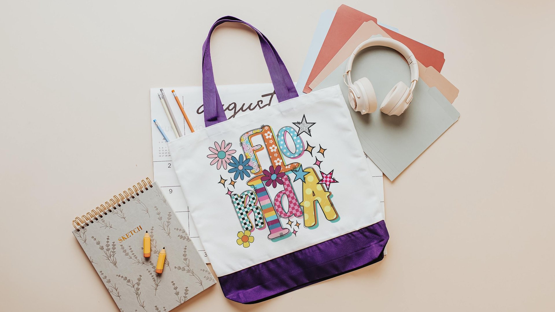 rainbow stripe Florida tote bag for summer, trendy checkered beach bag for women, realtor tote bag real estate agent gift, Florida gifts for