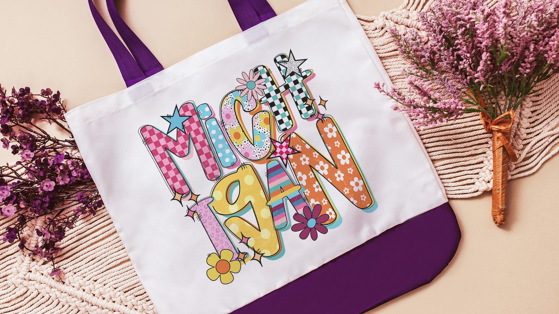 pink checkered Michigan tote bag for teachers, rainbow Michigan real estate agent tote bag for women, cute Michigan gifts for girls, best