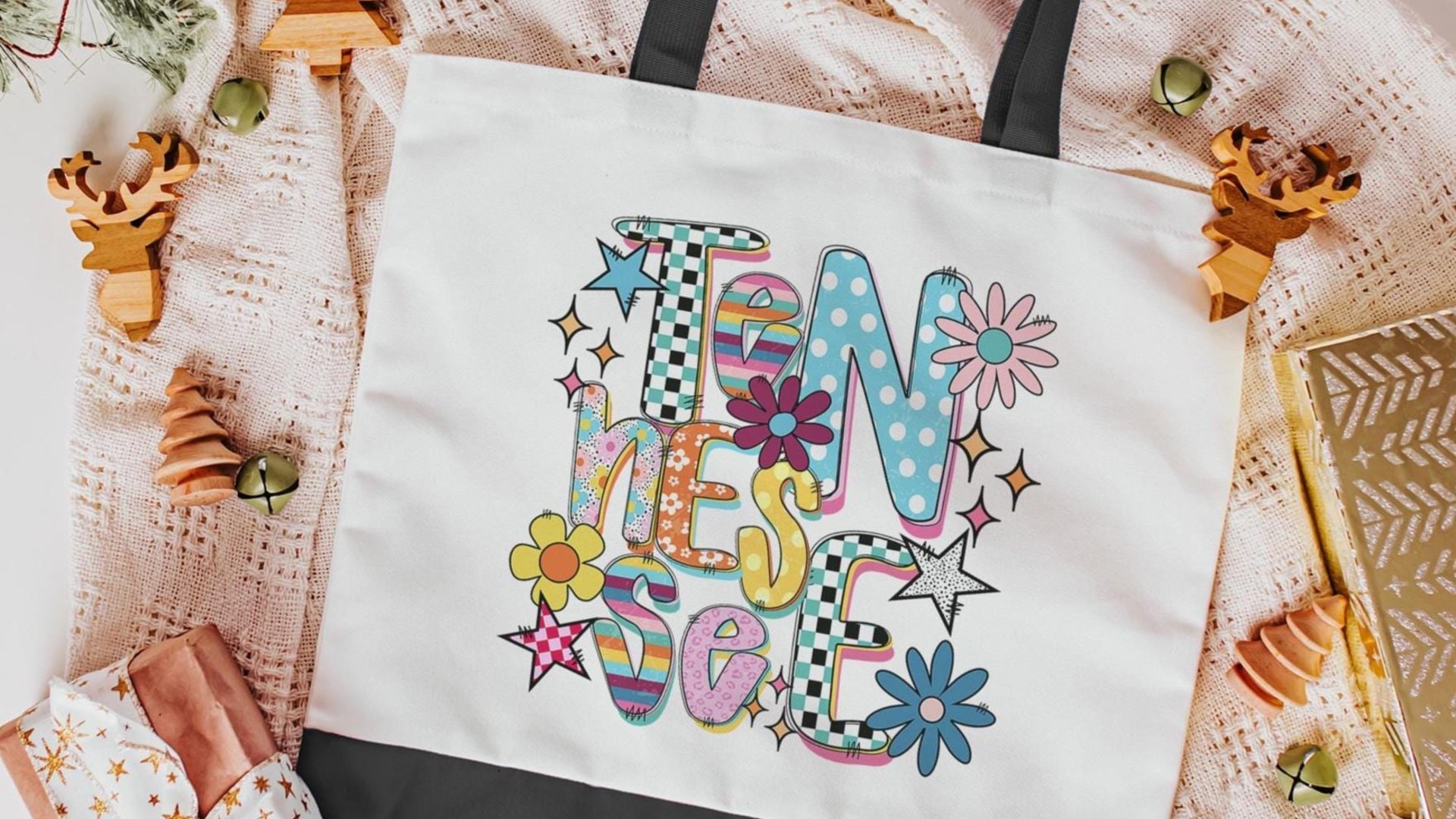 Nashville Tennessee girls trip tote bag for school, Tennessee gifts for her, cute checkered realtor tote bag real estate agent gift, rainbow