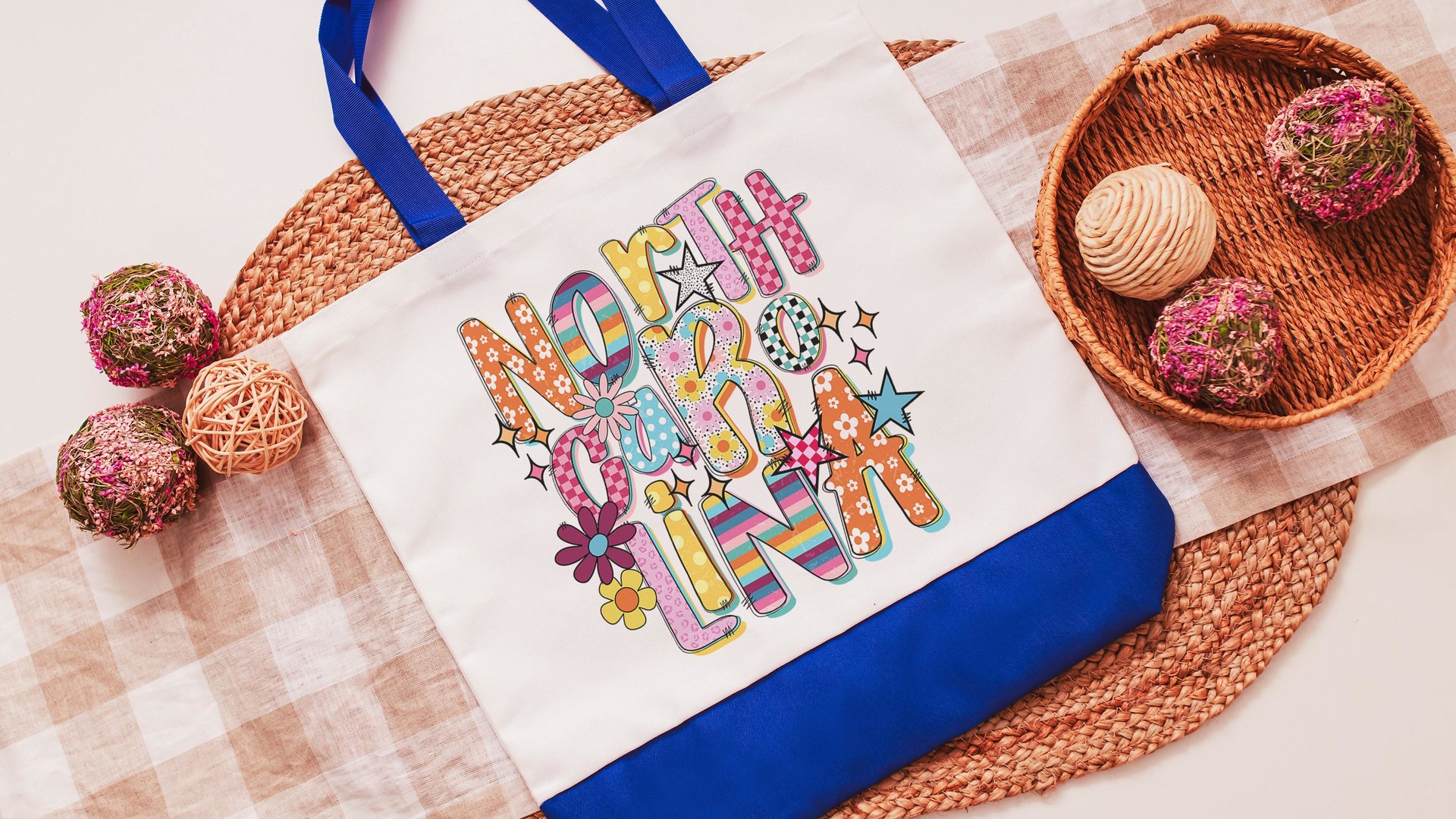 rainbow stripe North Carolina tote bag for her, North Carolina gifts for women, realtor tote bag real estate agent gift, NC gifts, floral