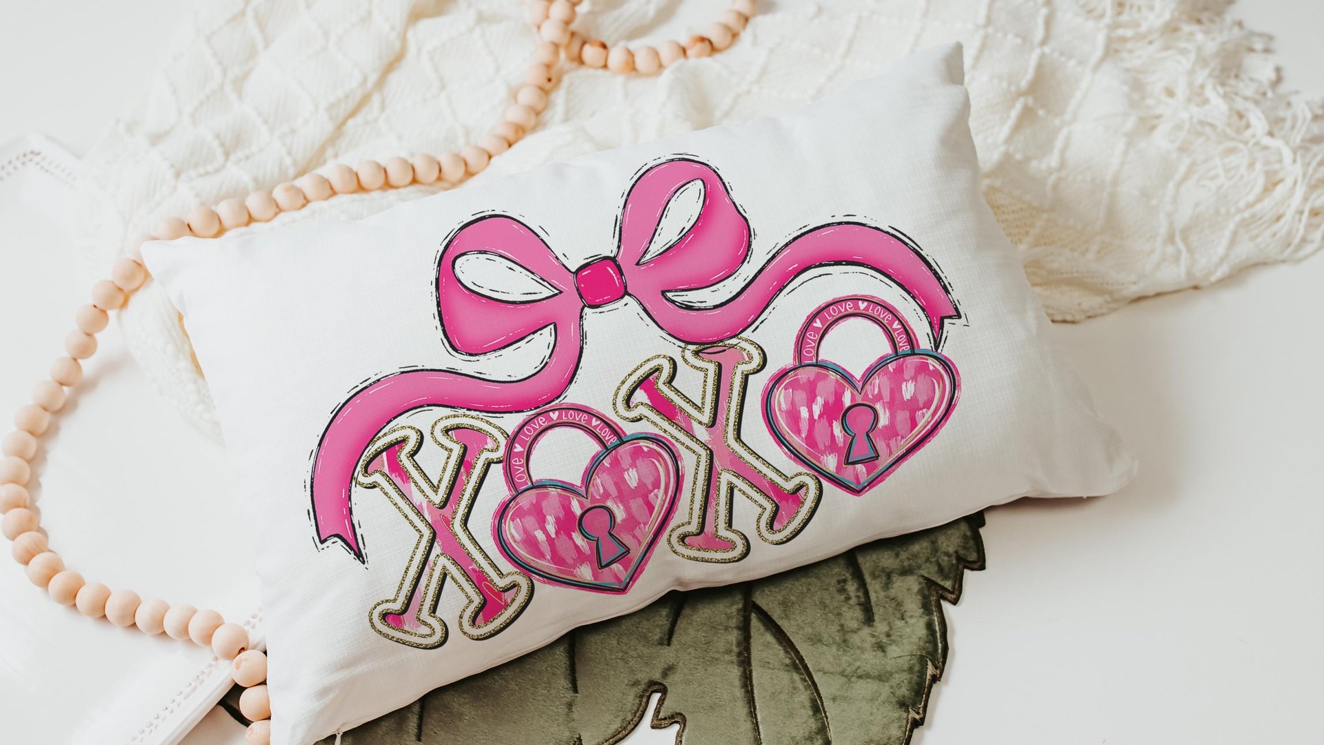 pink bow Valentines coquette lumbar throw pillows for couch, xoxo Valentines kitchen towels for bride, key to my heart decorative pillows