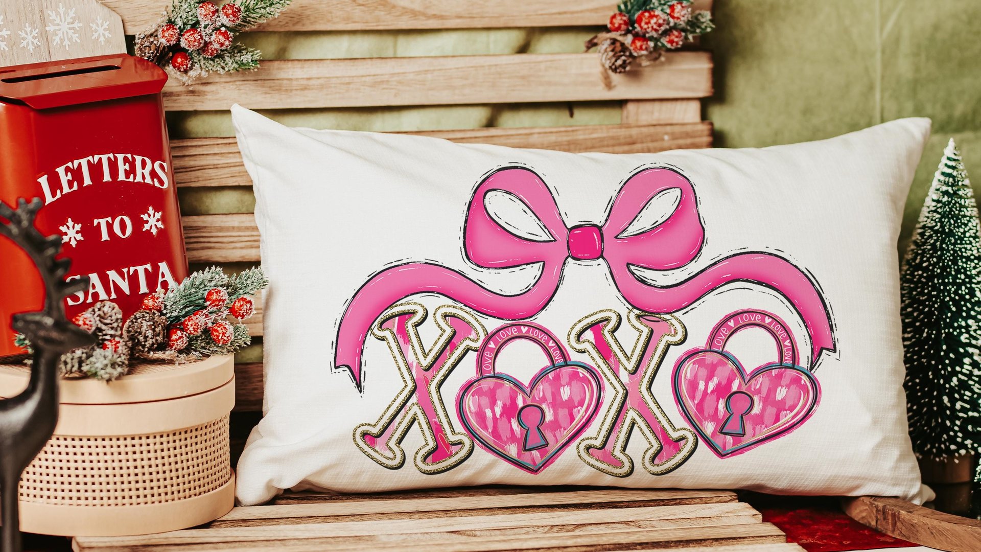 pink bow Valentines coquette lumbar throw pillows for couch, xoxo Valentines kitchen towels for bride, key to my heart decorative pillows