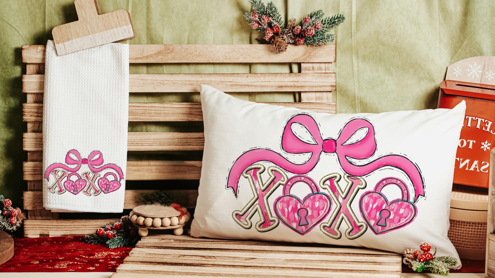 pink bow Valentines coquette lumbar throw pillows for couch, xoxo Valentines kitchen towels for bride, key to my heart decorative pillows